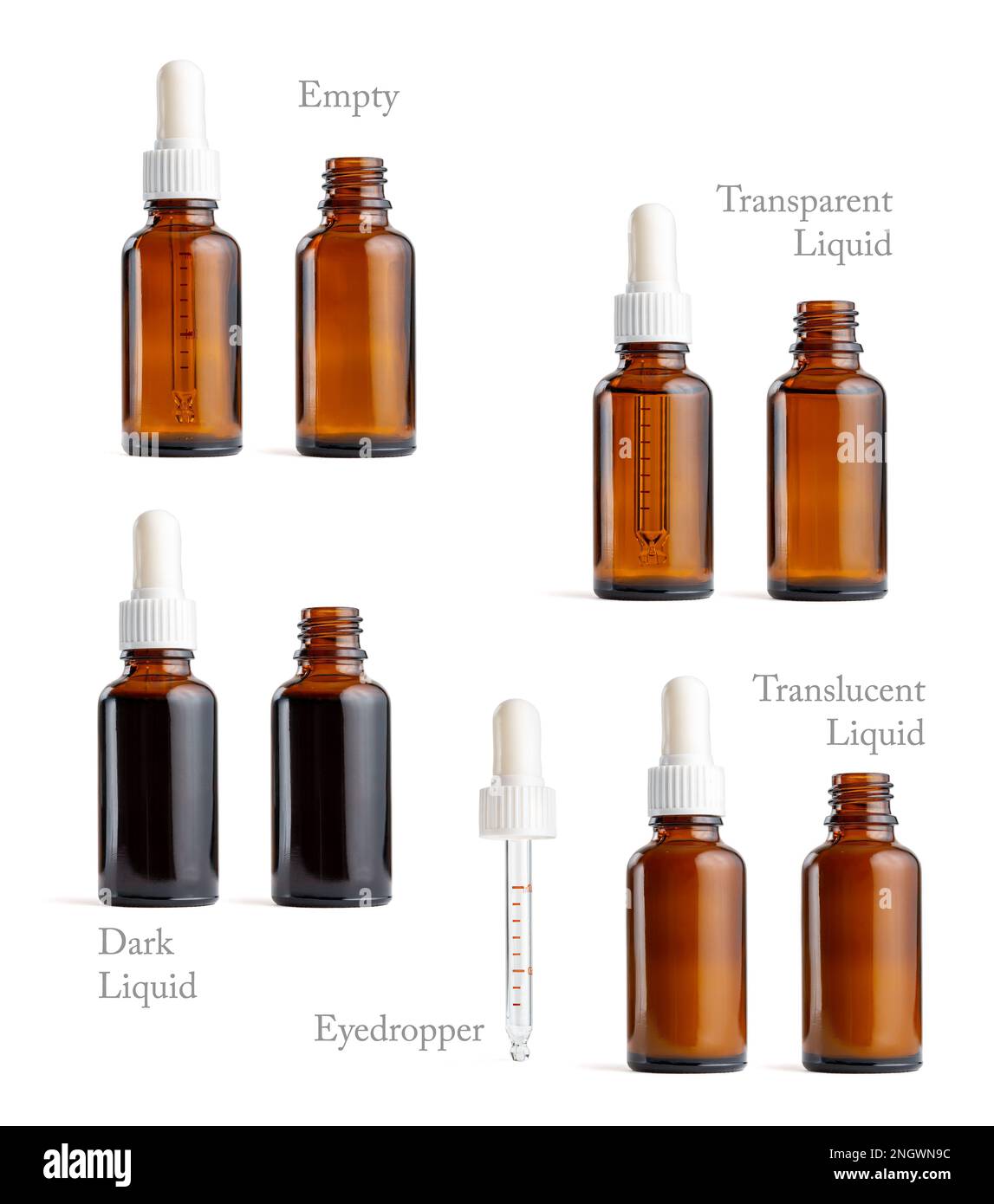 Amber Glasses with Eye Dropper Dispenser in Various Situations: Open and Closed with Dark, Transparent, and Translucent Liquid Stock Photo
