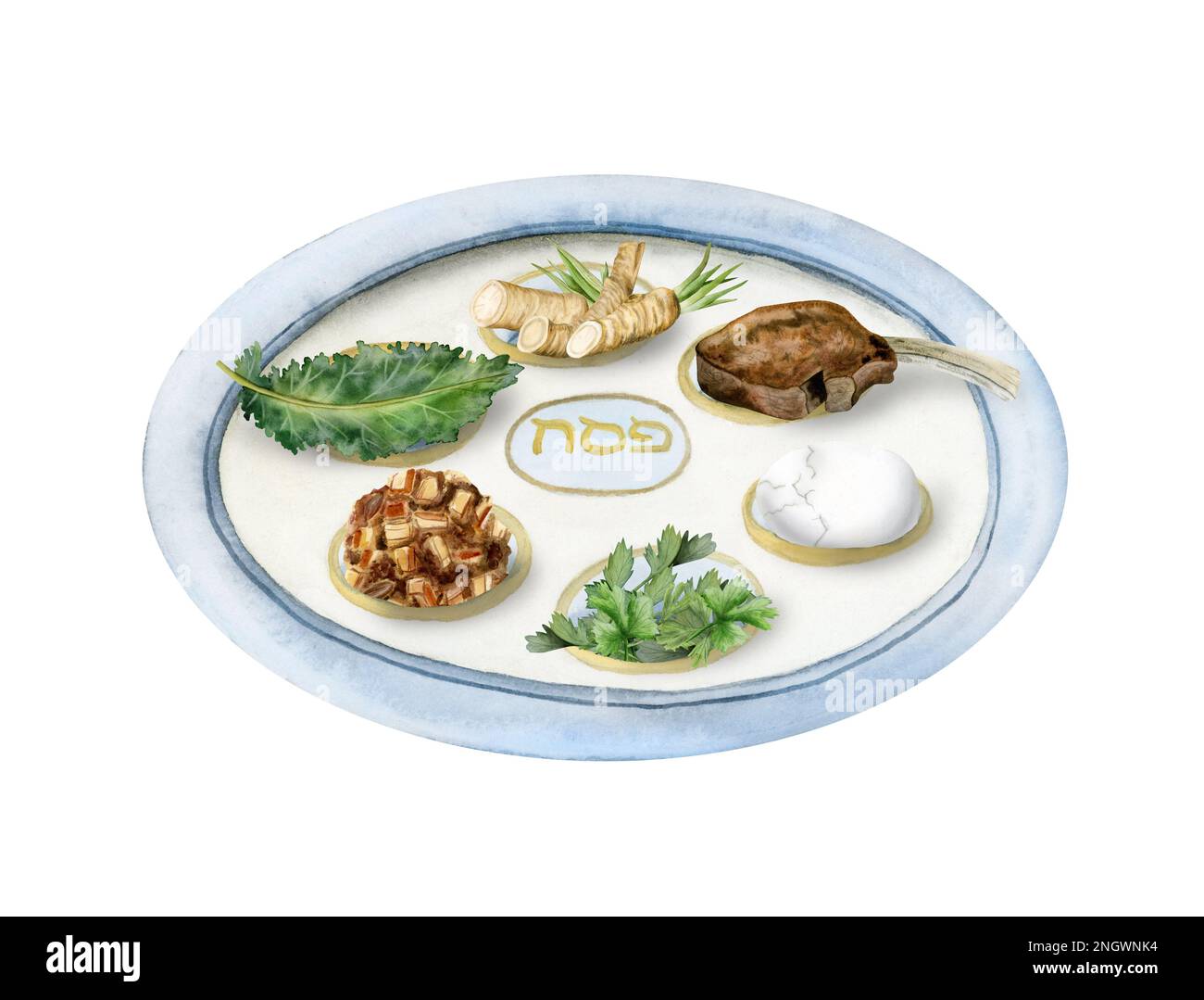Hand drawn Passover seder plate with traditional holiday food