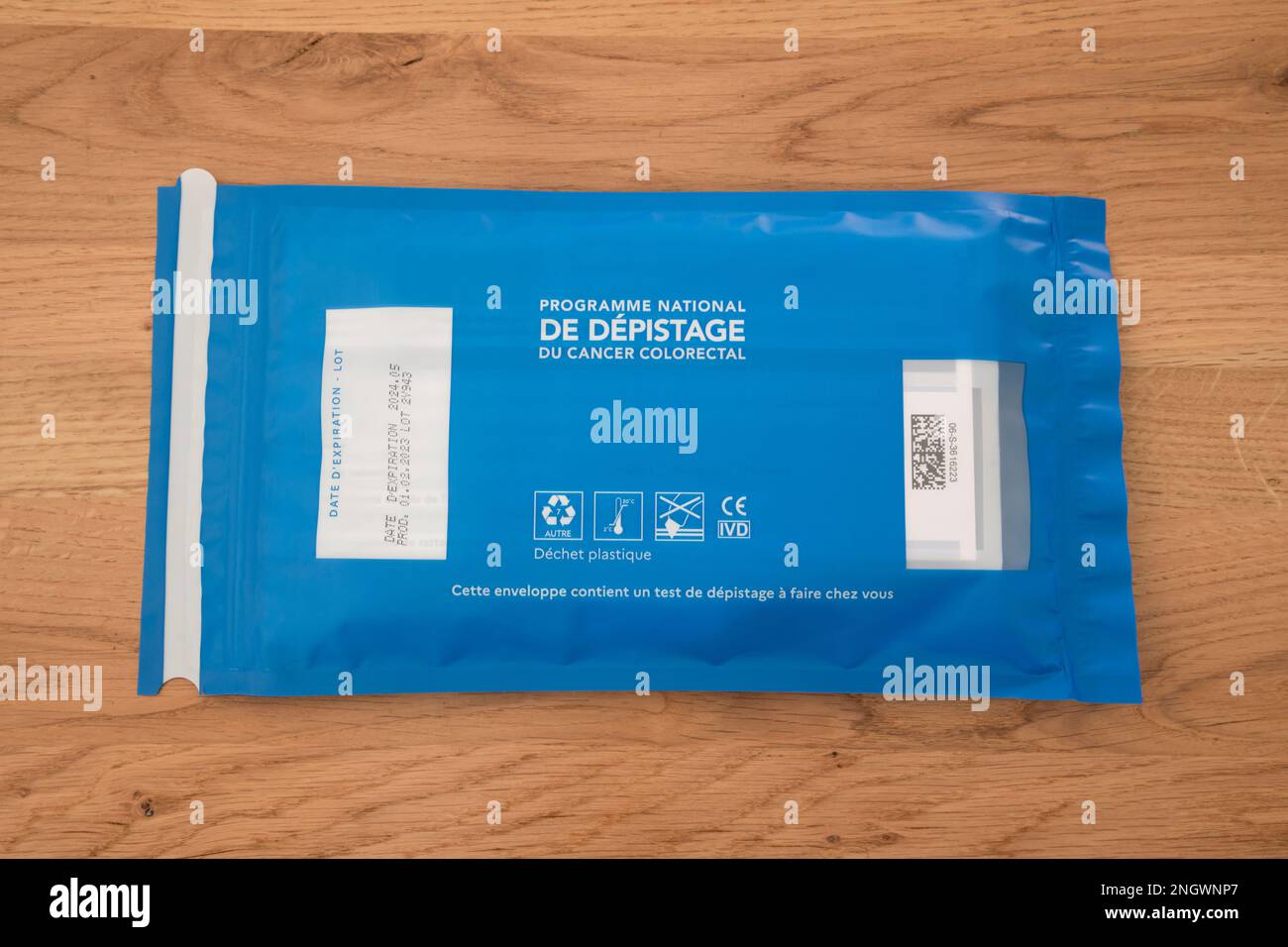 French colorectal screening kit sent to patient at home, editorial use only Stock Photo