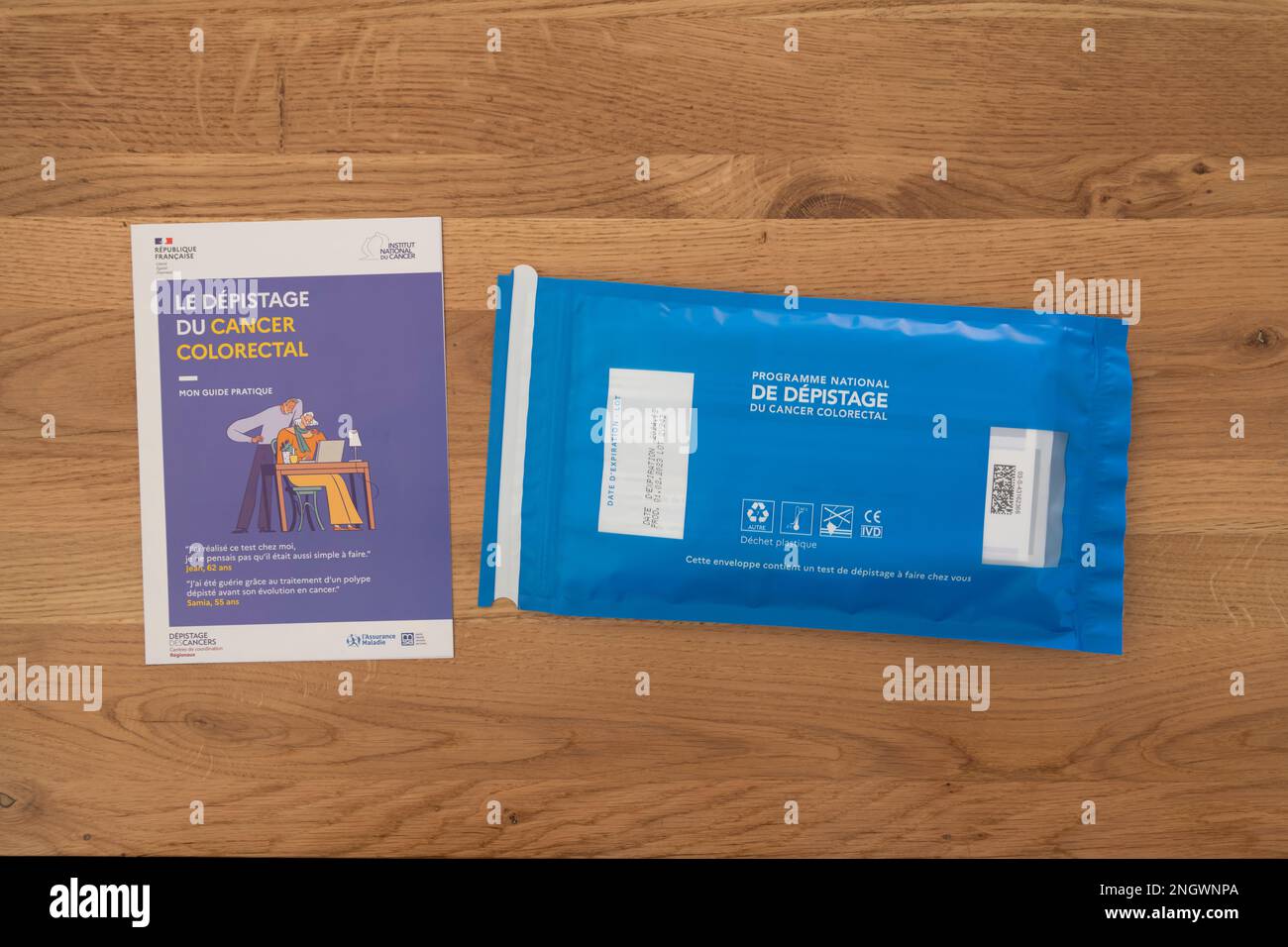 French colorectal screening kit sent to patient at home, editorial use only Stock Photo