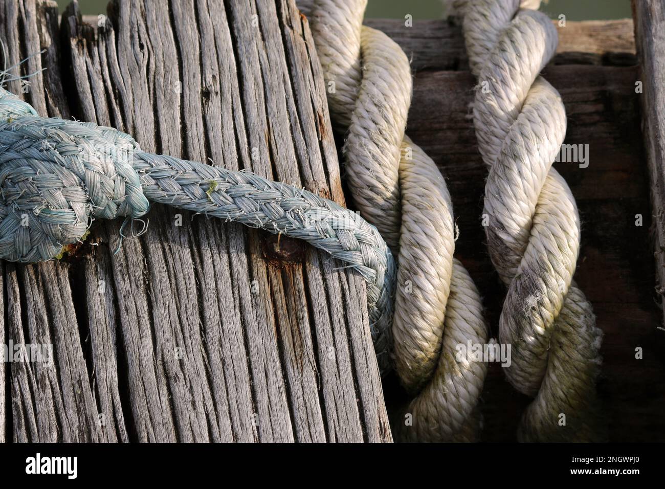 At the berths, time passes through the threads of the ropes, also called moorings. Stock Photo