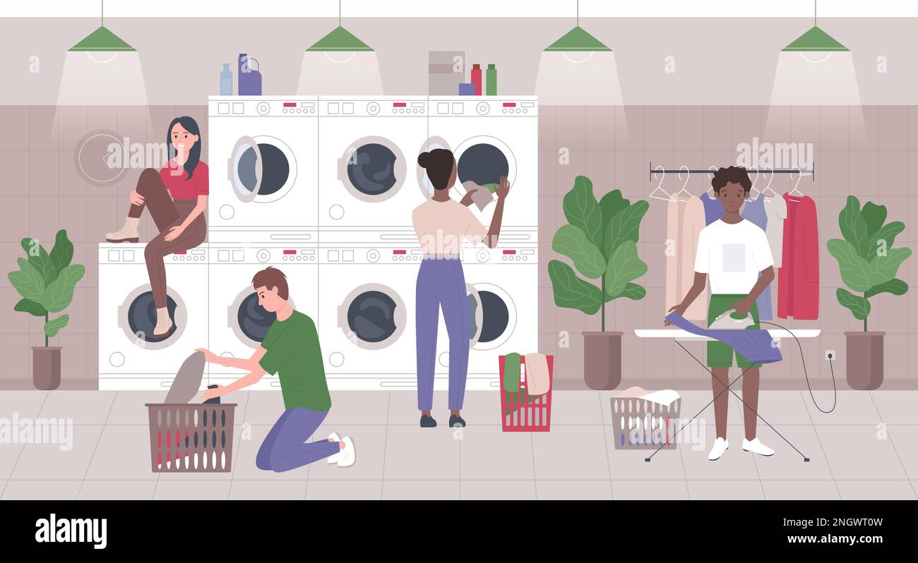 Public laundry vector illustration. Cartoon people using self service laundromat with automatic washing and drying machines, characters wash, iron clothes in modern industrial launderette interior Stock Vector