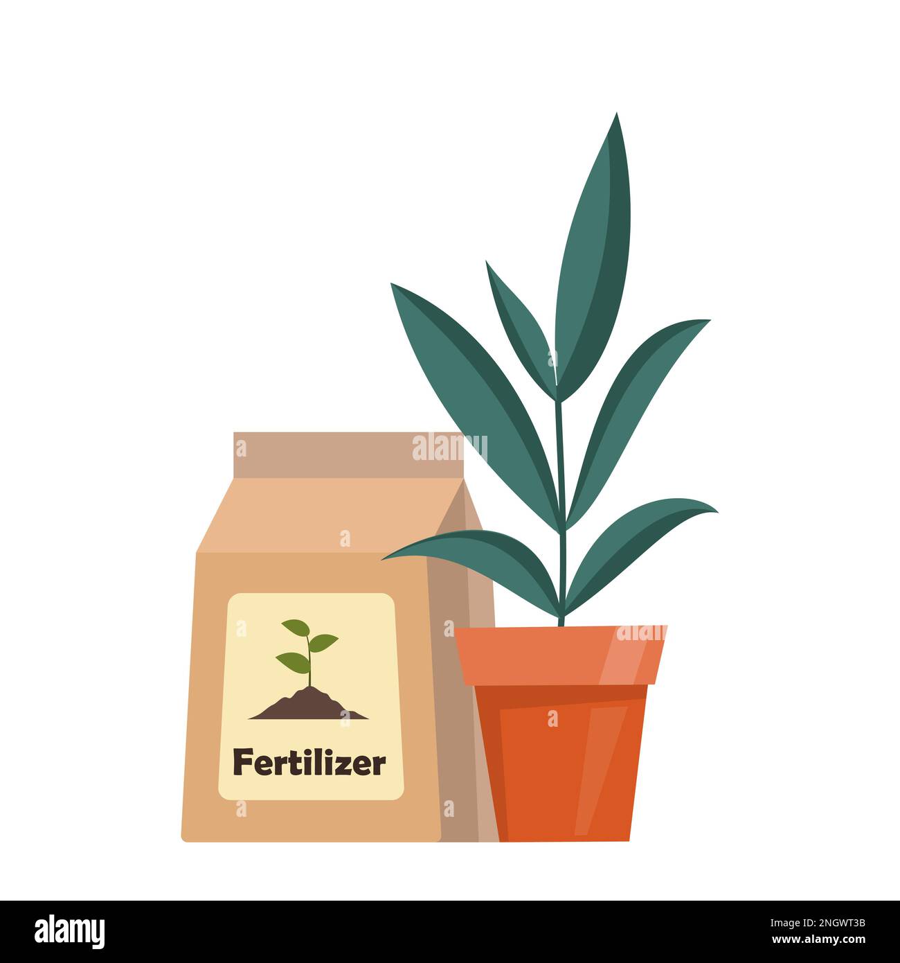 Potted plant and fertilizer package. Growing plant in the pot, using
