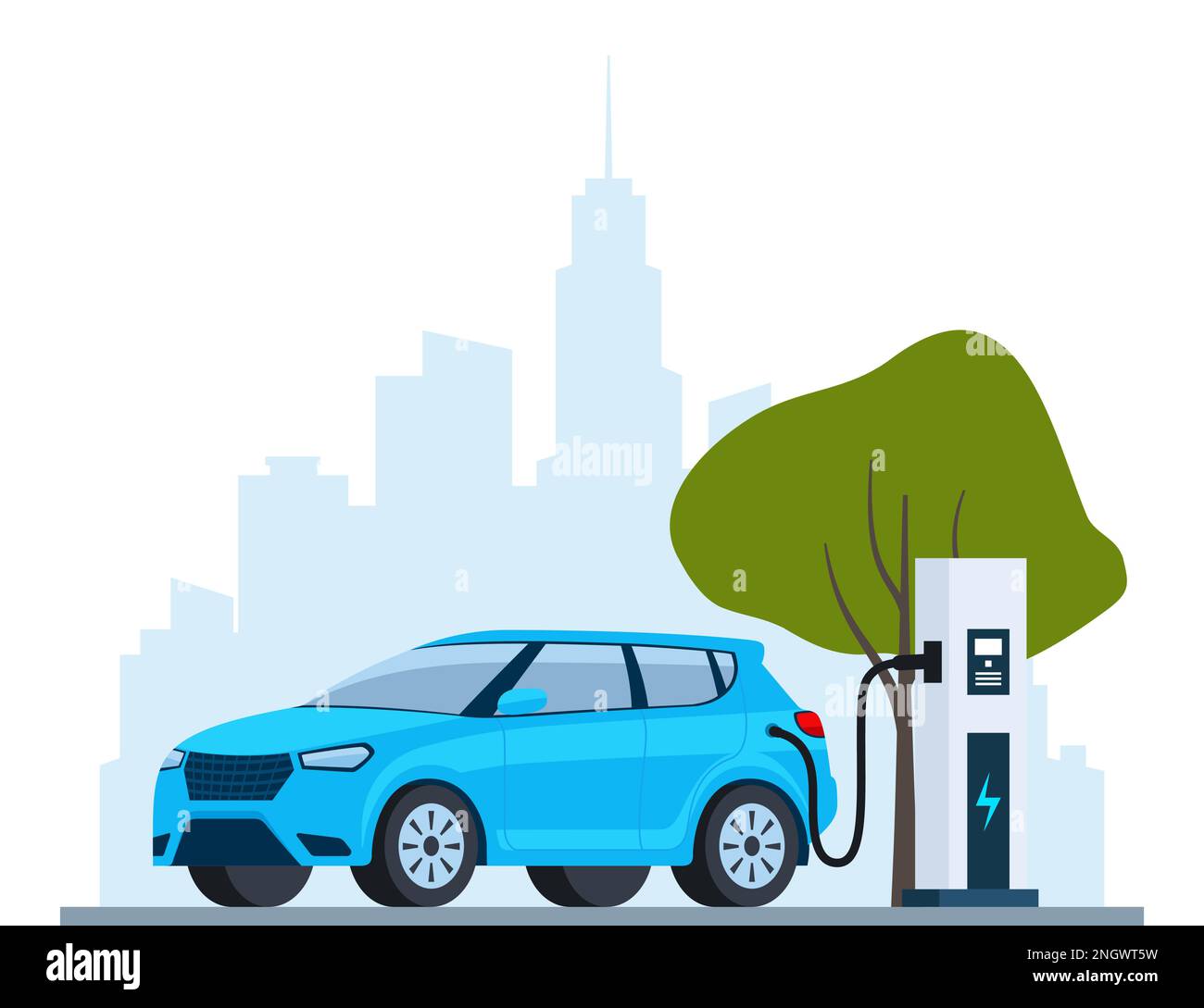 Picture of Electric car charging, side view. Modern urban landscape with high-rise ...