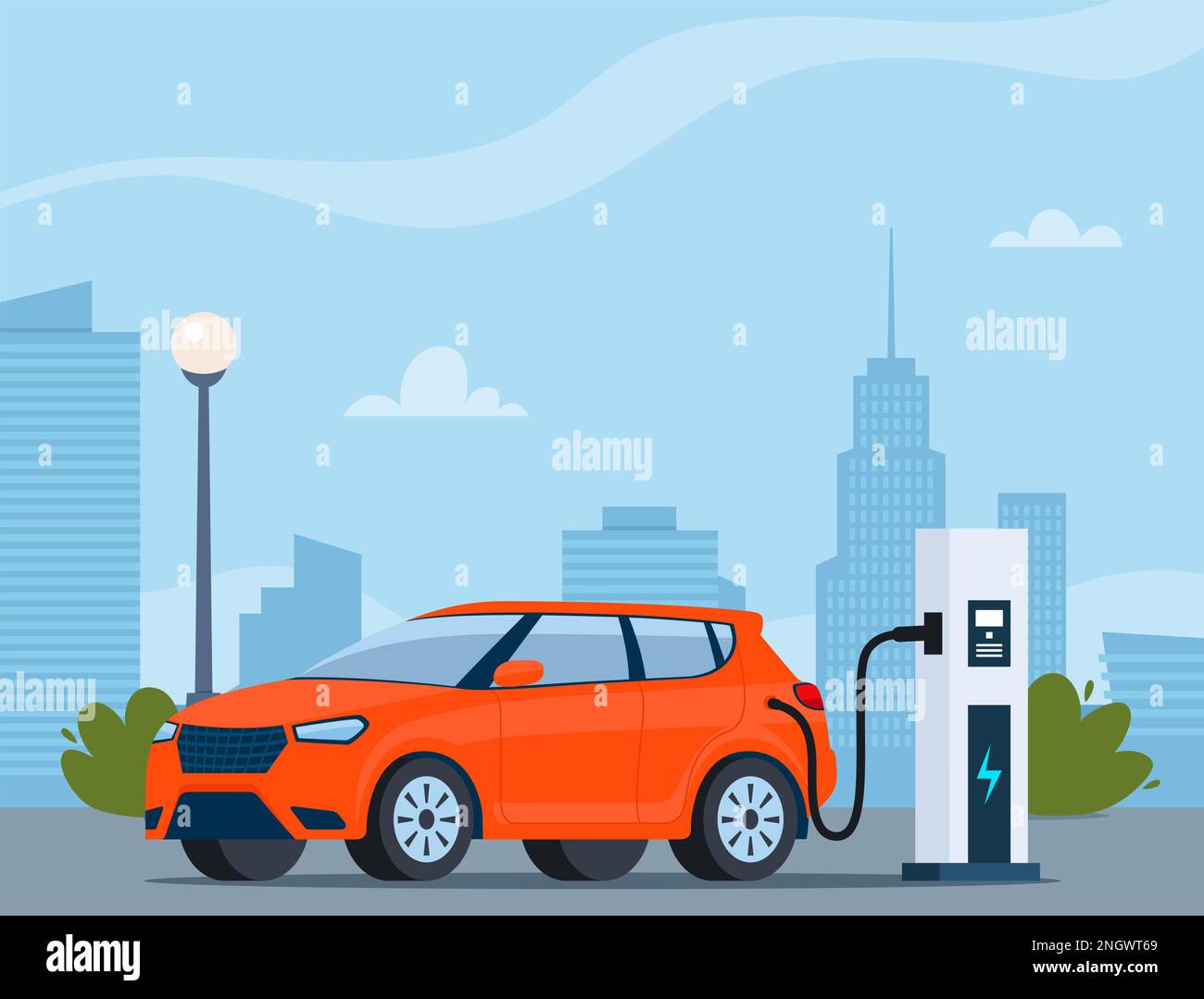 Electric car charging, side view. Modern urban landscape with high-rise ... - High-Rise Building Resistive Electric Vehicle Charging