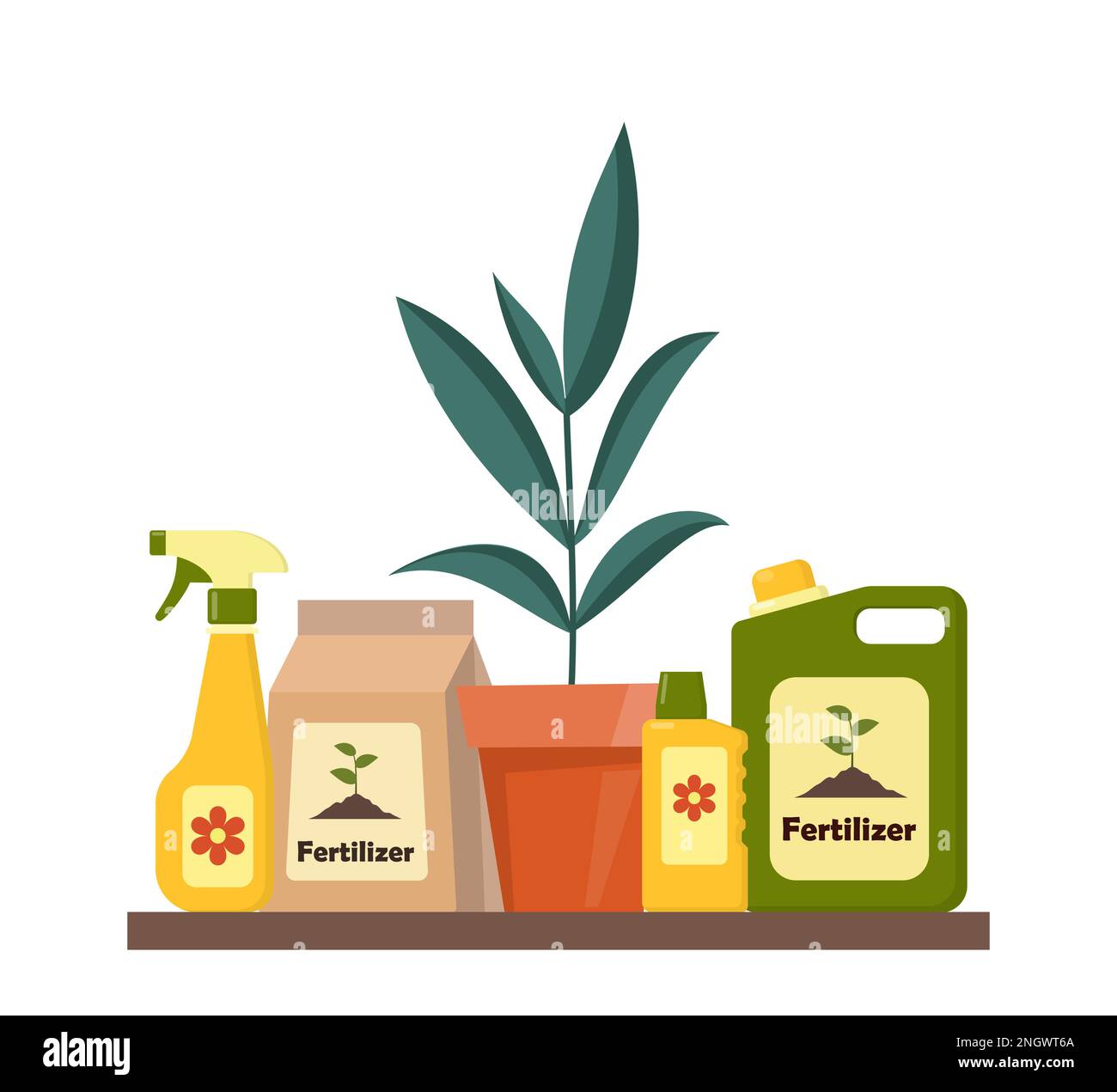 Potted plant and packing with soil. Potting soil, various fertilizers in bottles and spray gun. Vector illustration in flat style Stock Vector