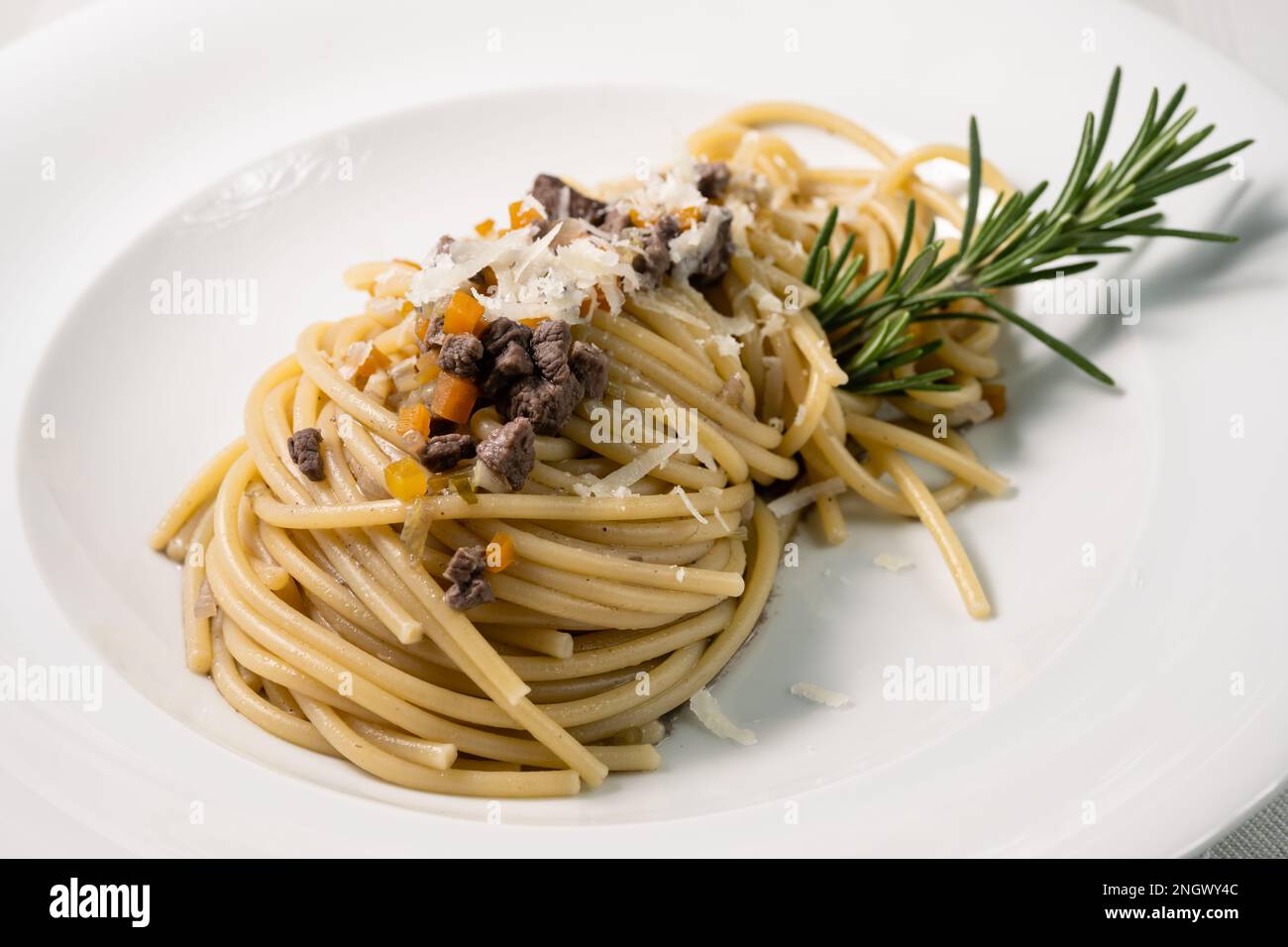 Bigoli con l' anatra Pasta with Duck Ragout from Vicenza, Italy, called bigoi co' l'arna in Venetian Stock Photo