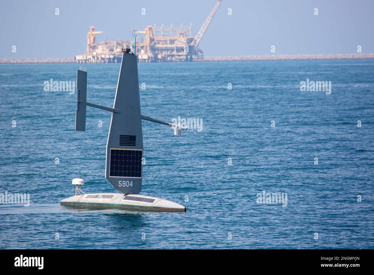 221129-A-RY768-2001 ARABIAN GULF (Nov. 29, 2022) A Saildrone Explorer unmanned surface vessel operates in the Arabian Gulf, Nov. 29, during Digital Horizon 2022. The three-week unmanned and artificial intelligence integration event involves employing new platforms in the region for the first time. Stock Photo