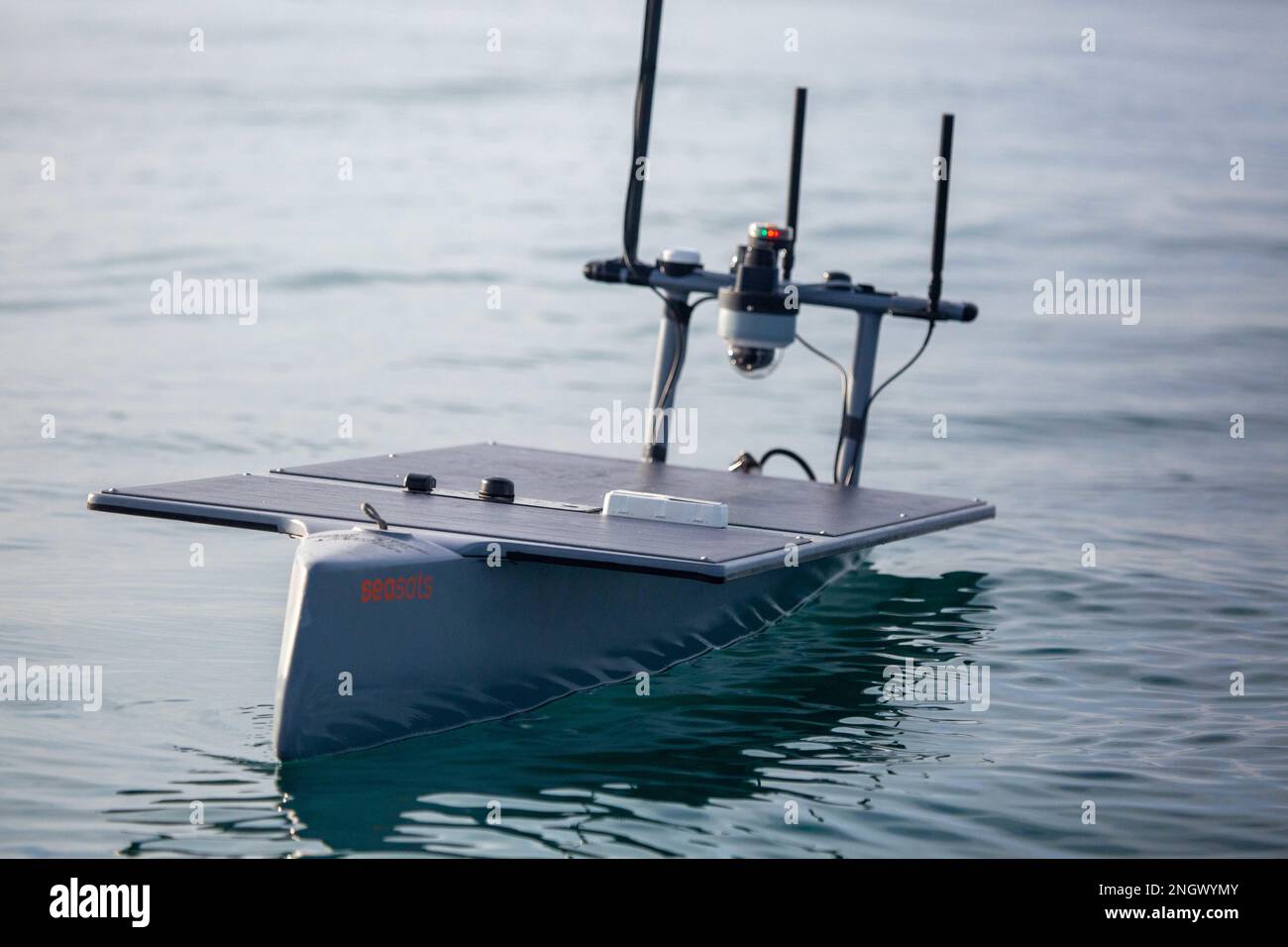 221129-A-RY768-2015 ARABIAN GULF (Nov. 29, 2022) A Seasats X3 unmanned surface vessel operates in the Arabian Gulf, Nov. 29, during Digital Horizon 2022. The three-week unmanned and artificial intelligence integration event involves employing new platforms in the region for the first time. Stock Photo