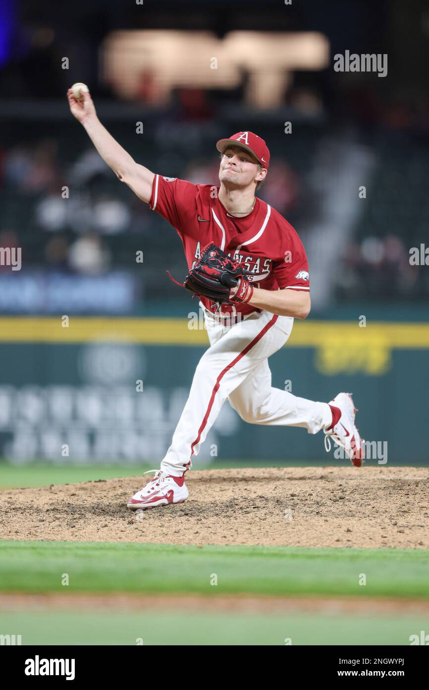 February 18, 2023: Razorback pitcher Dylan Carter #31 releases the ball from the mound towards home. TCU defeated Arkansas 18-6 in Arlington, TX, Richey Miller/CSM Stock Photo