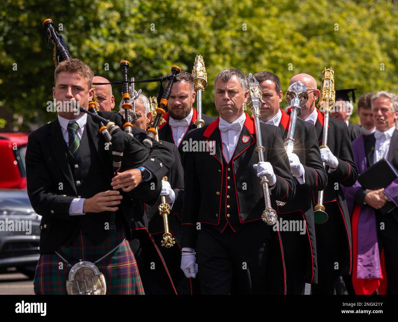 ST ANDREWS, FIFE, SCOTLAND, EUROPE Bag Piper and mace bearers, during Graduation Day