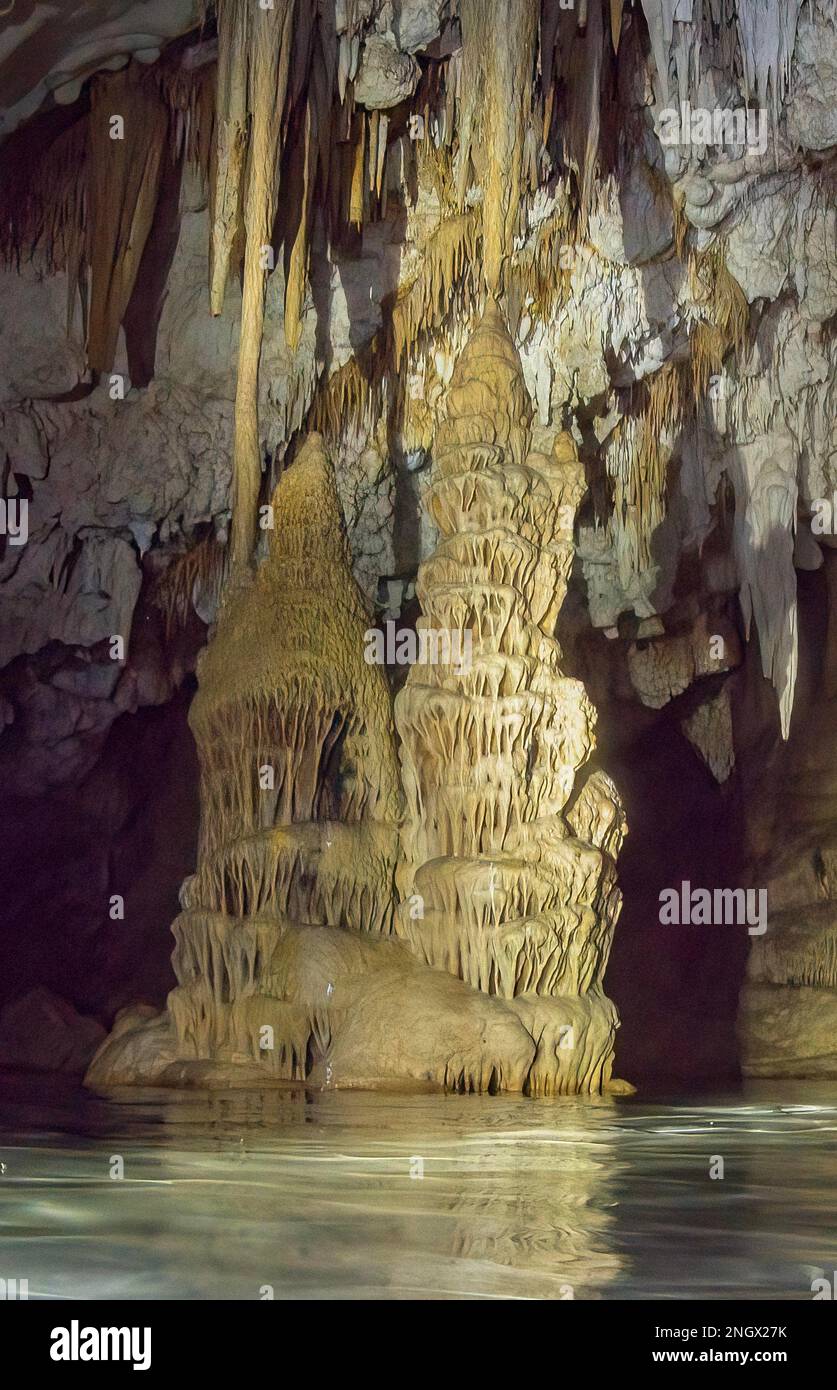 Limestone formations of karst rock above Stalagtites below Stalagmites