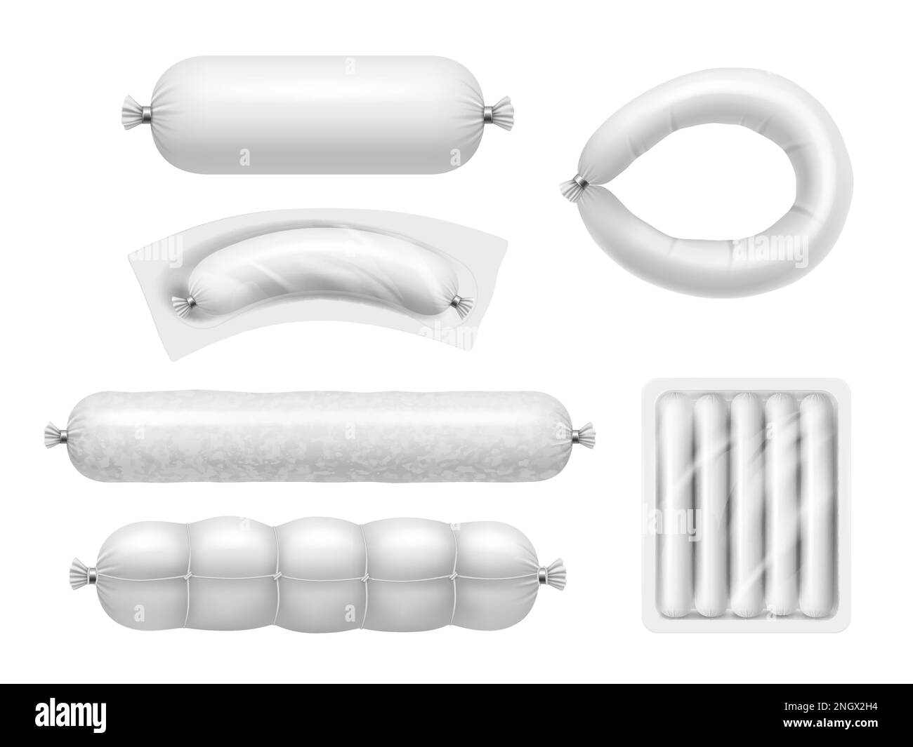 Sausages. Fresh meat products gourmet sausages decent vector realistic