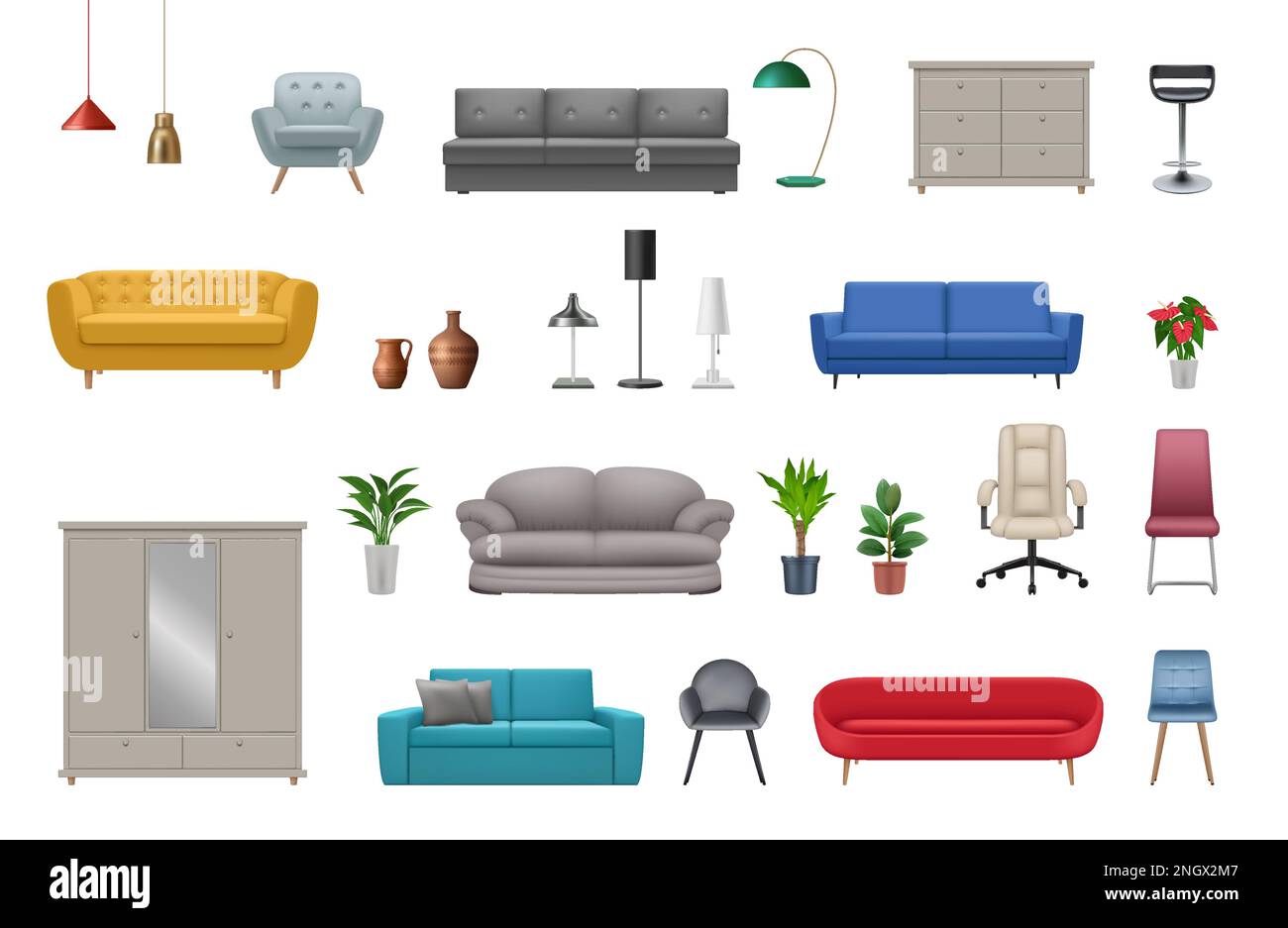 Realistic furniture. Sofas chairs wooden modern wardrobe beds decent