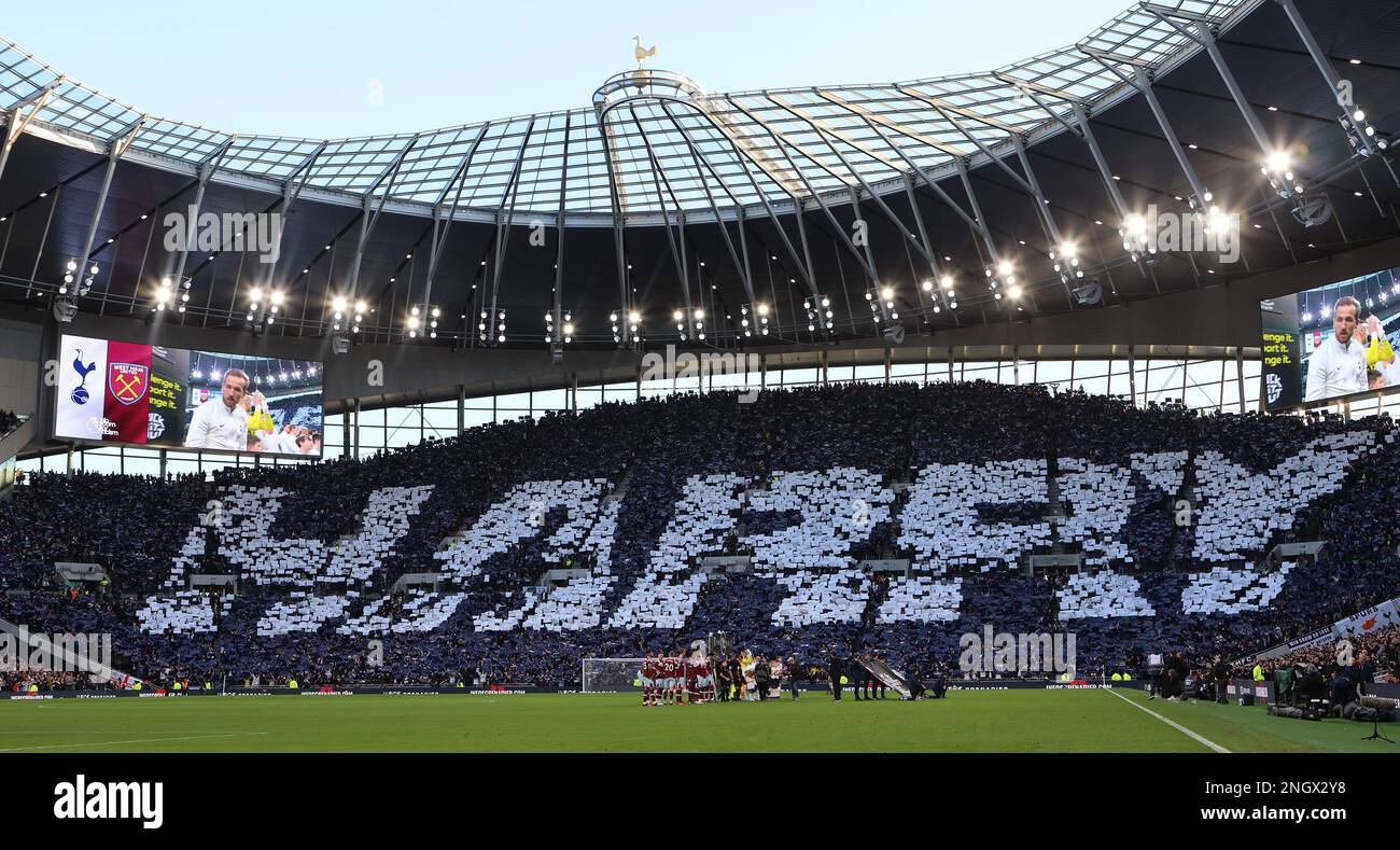 London, UK. 19th Feb, 2023. as fans form a TIFO, which forms the name 'Harry', prior the English Premier League soccer match between Tottenham Hotspur and West Ham United at Tottenham Hotspur Stadium in London, Britain, 19th February 2023. Credit: Action Foto Sport/Alamy Live News Stock Photo