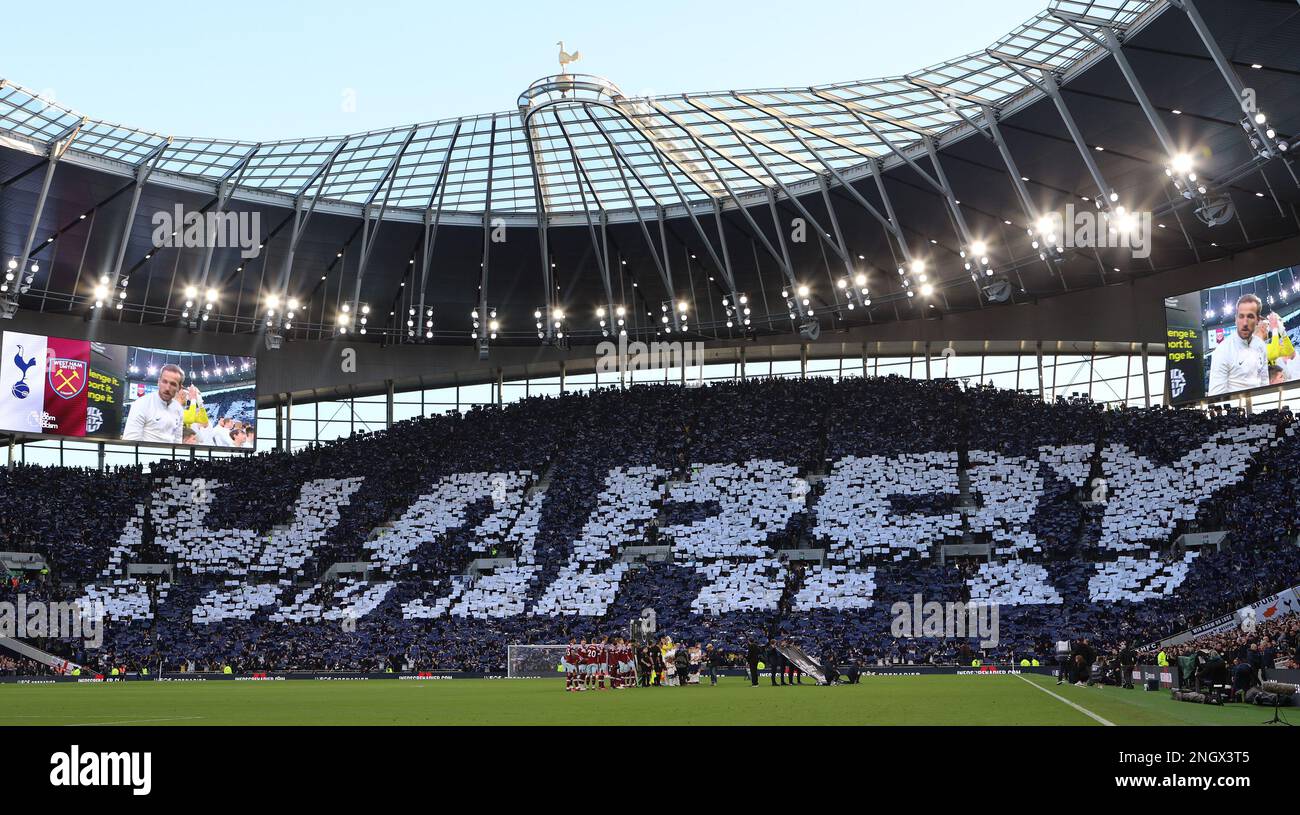 London, UK. 19th Feb, 2023. as fans form a TIFO, which forms the name 'Harry', prior the English Premier League soccer match between Tottenham Hotspur and West Ham United at Tottenham Hotspur Stadium in London, Britain, 19th February 2023. Credit: Action Foto Sport/Alamy Live News Stock Photo