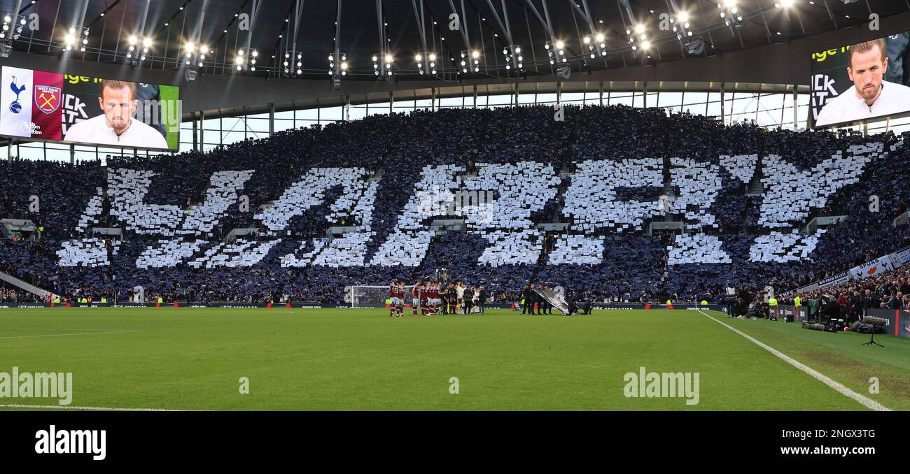 London, UK. 19th Feb, 2023. as fans form a TIFO, which forms the name 'Harry', prior the English Premier League soccer match between Tottenham Hotspur and West Ham United at Tottenham Hotspur Stadium in London, Britain, 19th February 2023. Credit: Action Foto Sport/Alamy Live News Stock Photo