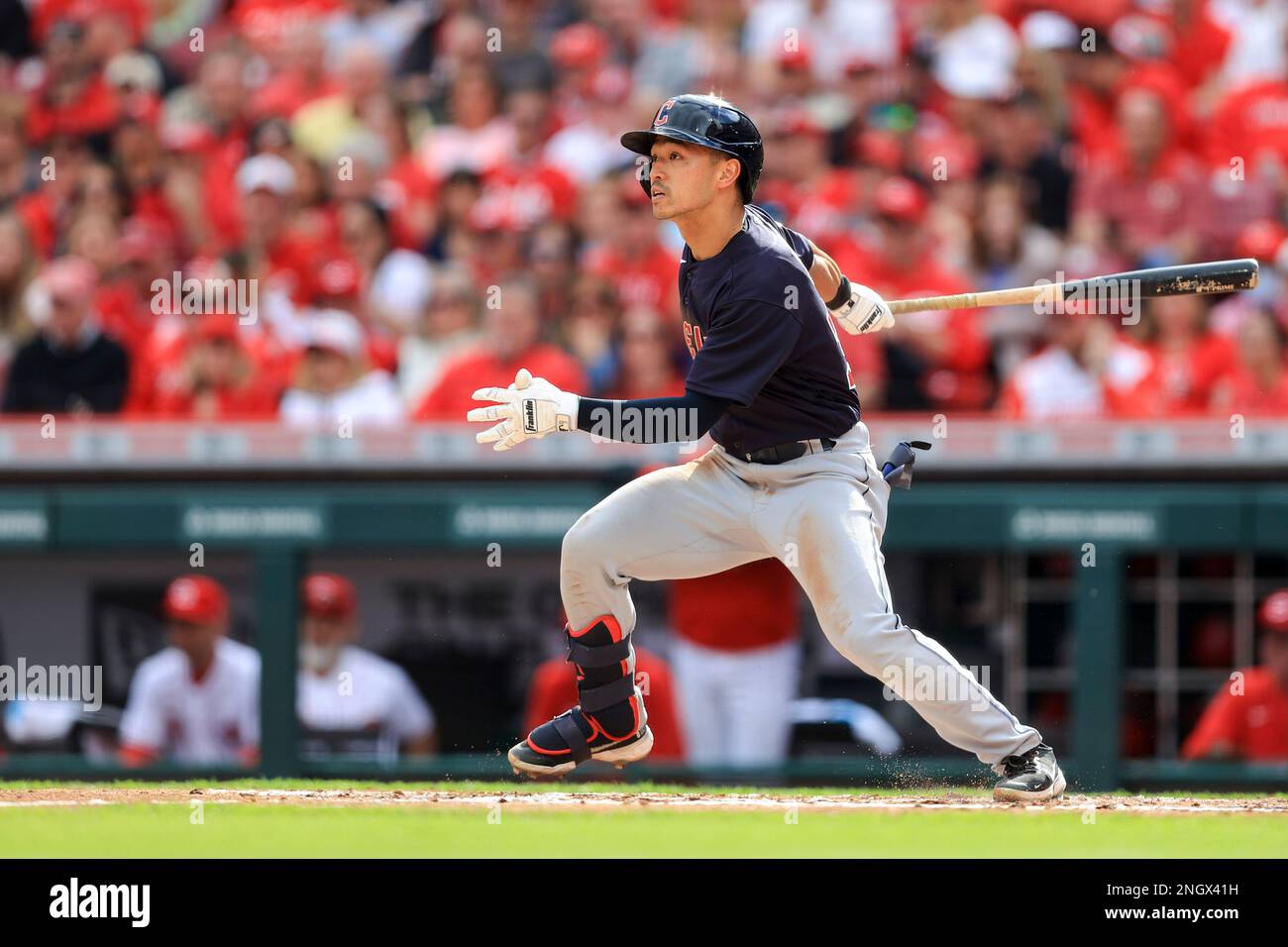 FILE - Cleveland Guardians' Steven Kwan hits an RBI-sacrifice fly ...