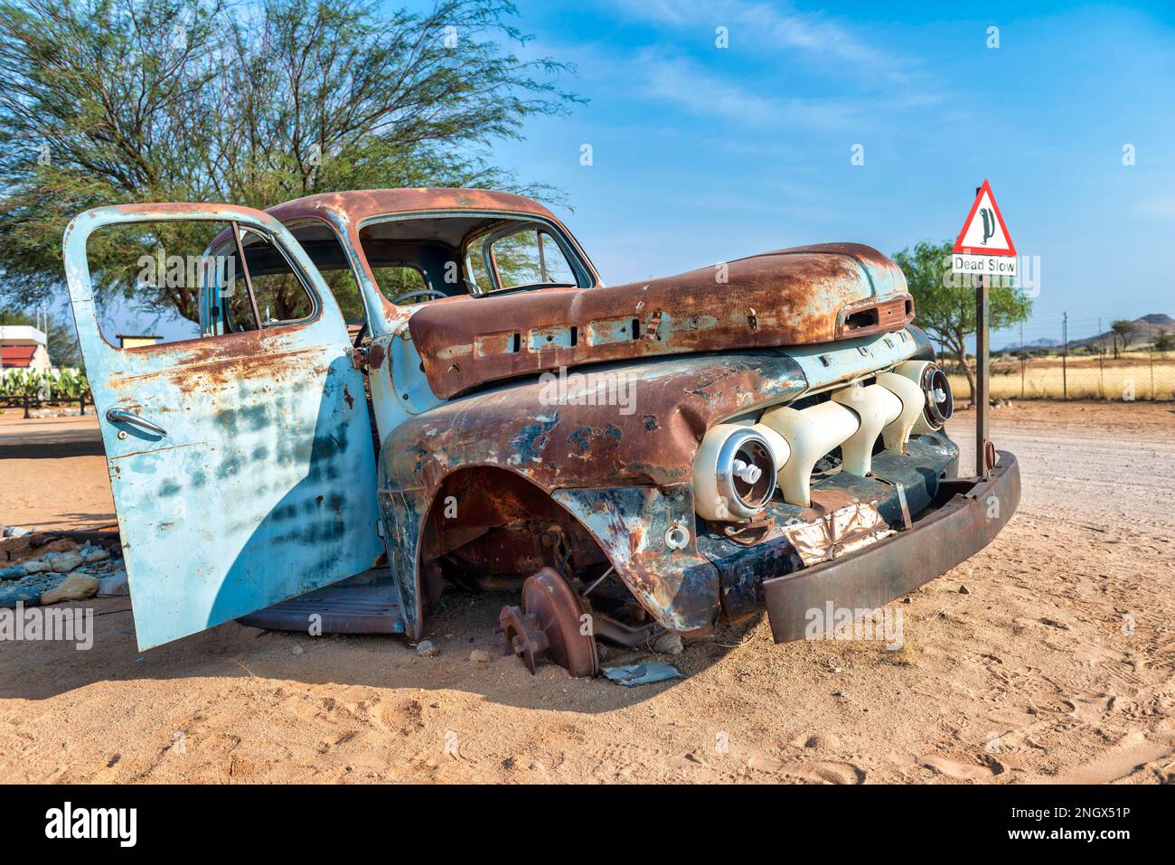 Namibia, Africa. Car wreckage at Solitaire village Stock Photo