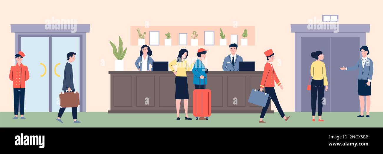 Hotel lobby and reception. Lounge and information desk in hostel, tourist hold luggage and