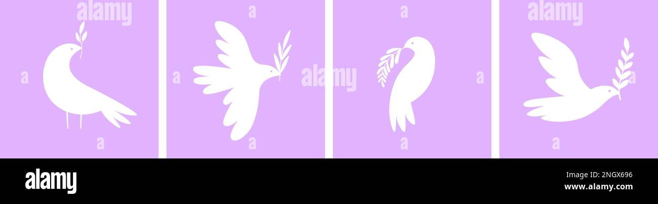 Peace dove holding branch. Various white dives silhouettes, flat abstract flying and sitting birds. Decorative vector cards template Stock Vector