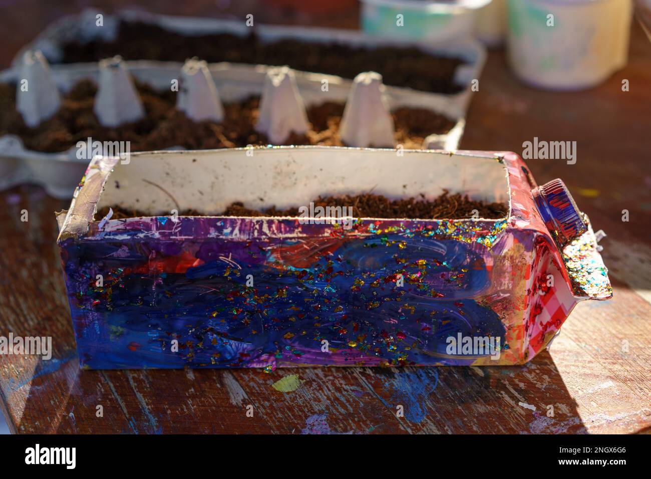 Creative Ways to Use Old Egg Cartons And Milk CartonsGrow Seedlings. Earth Day Crafts Stock