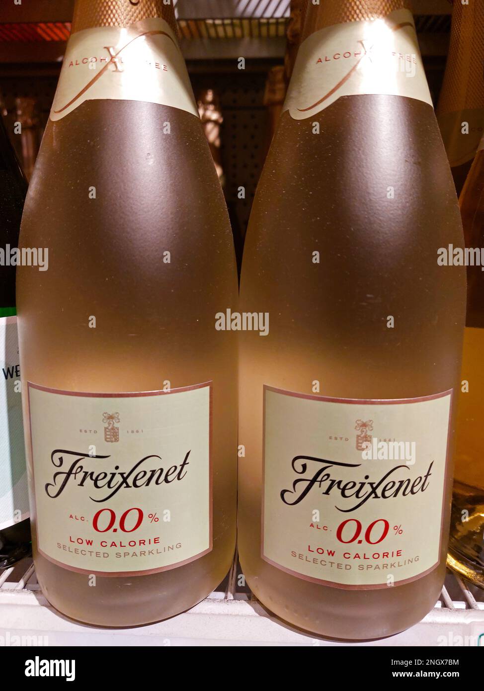 alcohol free sparkling wine bottles in a supermarket Stock
