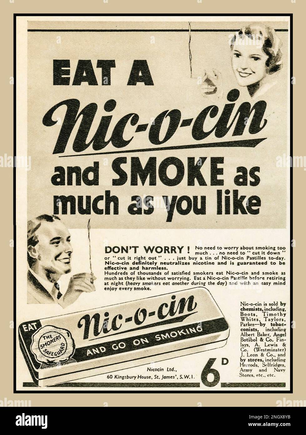 Vintage 1930s SMOKING PASTILLES misleading UK British 'Smoke as much as you like' therapy pastille NIC-O-CIN advertisement, promoting a pastille that apparently neutralises nicotine. With ''NIC-O-CIN eat and go on smoking' NON PC advertisement making unproven dangerous to health inaccurate claims. Stock Photo