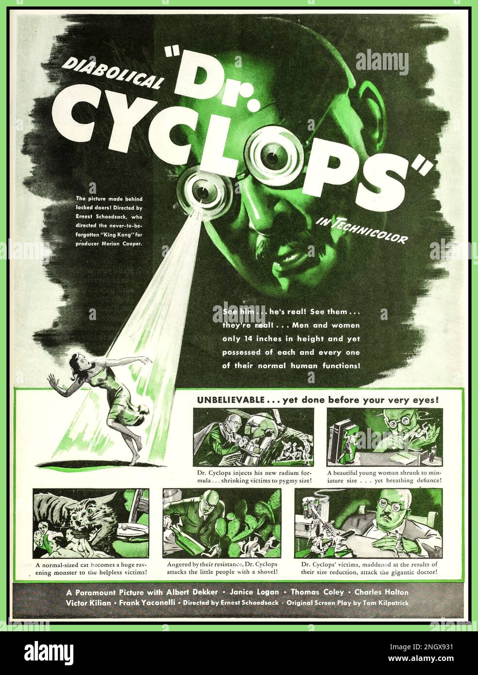 Vintage 1940s horror movie film DR CYCLOPS, a 1940 American science fiction horror film from Paramount Pictures, produced by Dale Van Every and Merian C. Cooper, directed by Ernest B. Schoedsack, and starring Thomas Coley, Victor Kilian, Janice Logan, Charles Halton, Frank Yaconelli, and Albert Dekker. The film was nominated for an Oscar for Best Visual Effects (by Farciot Edouart and Gordon Jennings) at the 13th Academy Awards. Stock Photo