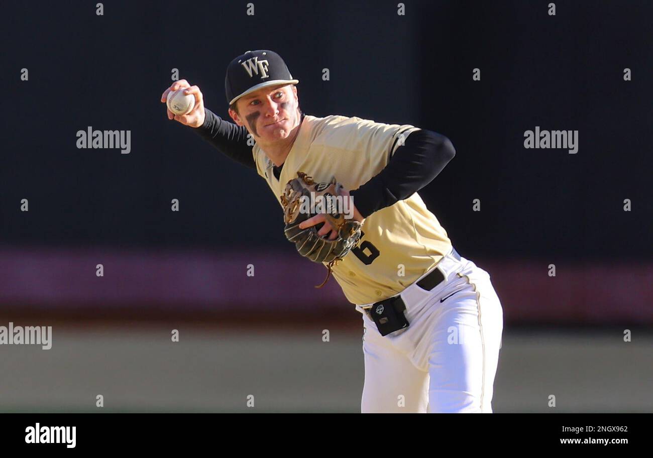 March 24, 2023: Wake Forest University junior Justin Johnson (6) runs to  first. Wake Forest won 11-0 against.University of Miami. NCAA baseball game  between University of Miami and Wake Forest University at