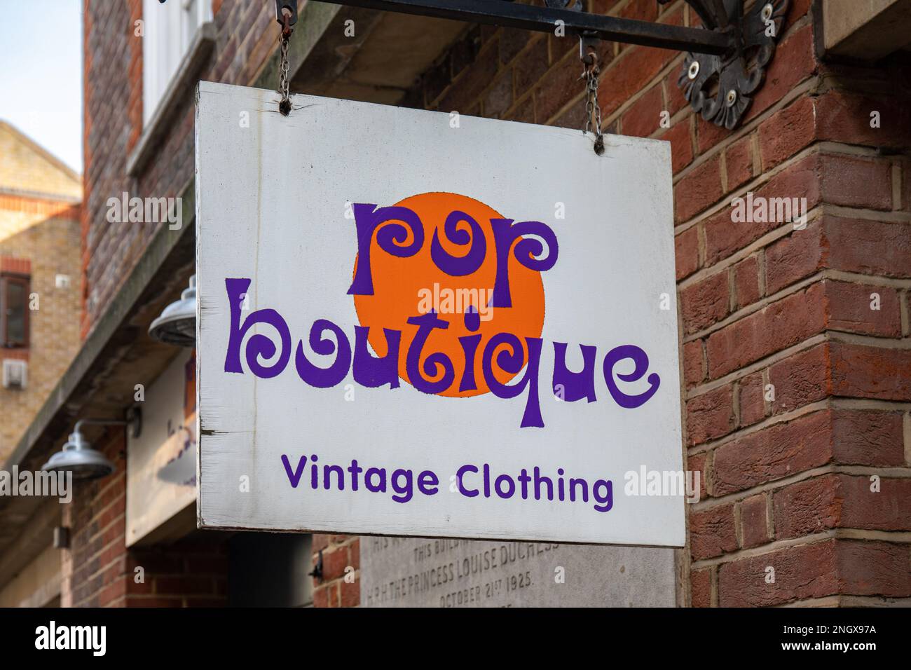 Pop Boutique vintage clothing store sign in Seven Dials district of London, England Stock Photo