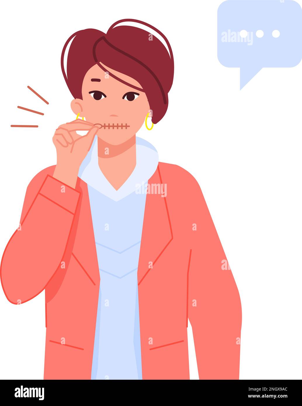 Girl keep secret. Woman with zipped mouth, dont talk gossip or rumor concept, girls keeping silence calm quiet lady show privacy communication gesture, cartoon vector illustration secret of woman Stock Vector