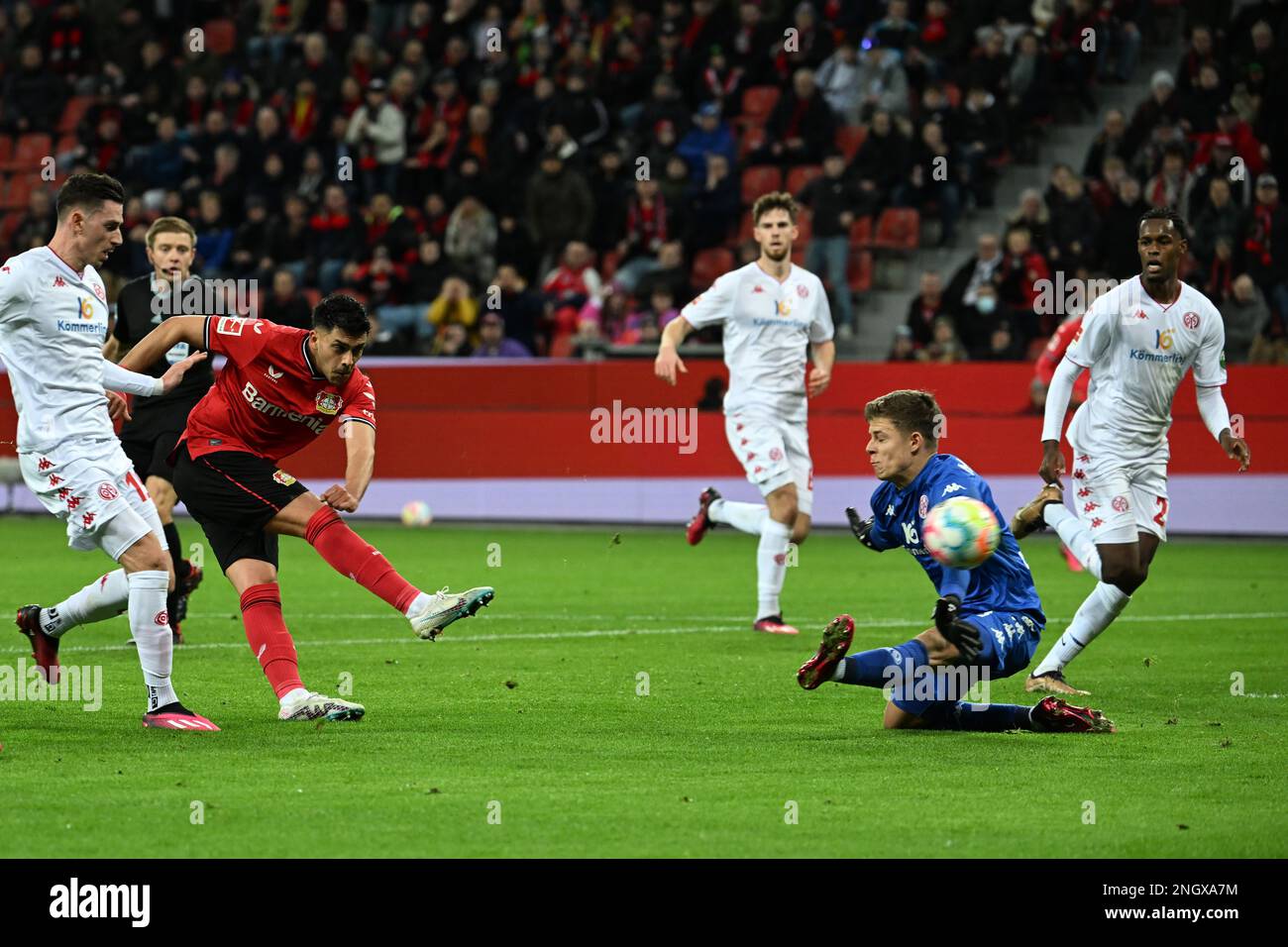 Leverkusen, Germany. 19th Feb, 2023. Soccer: Bundesliga, Bayer Leverkusen - FSV Mainz 05, Matchday 21, at BayArena: Leverkusen's Nadiem Amiri (2nd from left) scores the 1:1. Goalkeeper Finn Dahmen of Mainz can't keep the ball out. Credit: Federico Gambarini/dpa - IMPORTANT NOTE: In accordance with the requirements of the DFL Deutsche Fußball Liga and the DFB Deutscher Fußball-Bund, it is prohibited to use or have used photographs taken in the stadium and/or of the match in the form of sequence pictures and/or video-like photo series./dpa/Alamy Live News Stock Photo