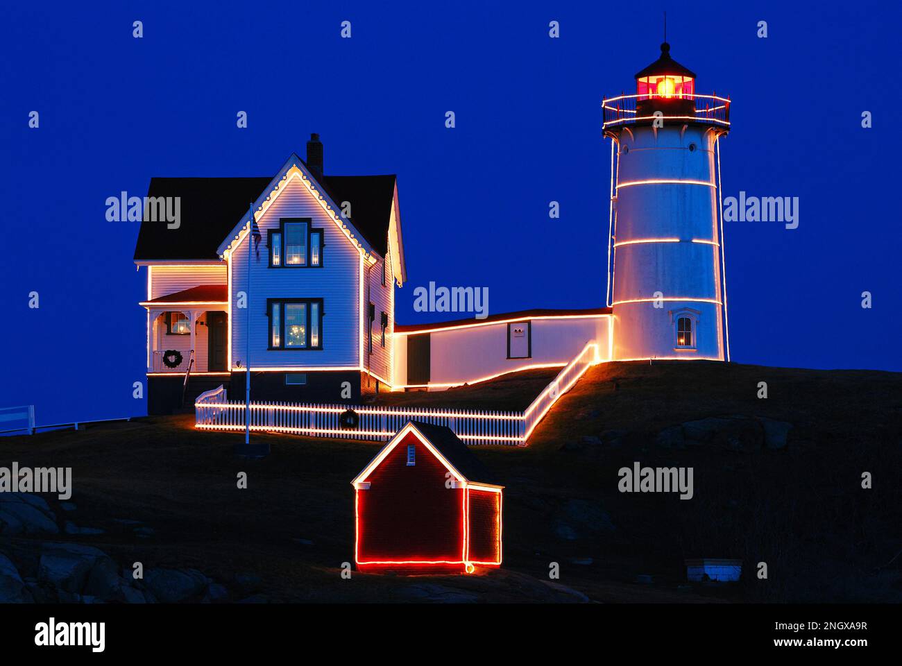 The Nubble Light in York Maine is decorated for the Christmas season