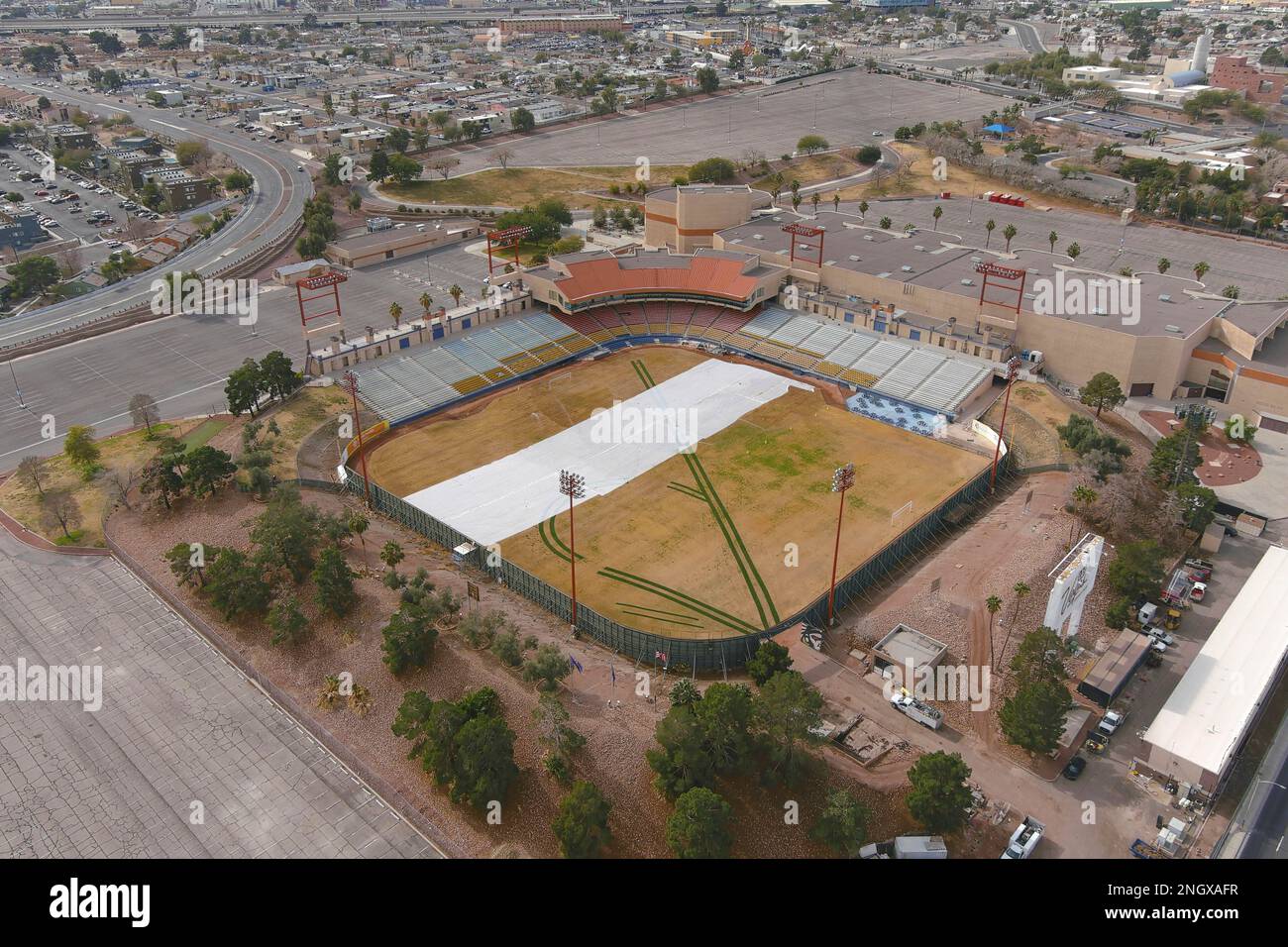 A general overall aerial view of Cashman Field and Cashman Center