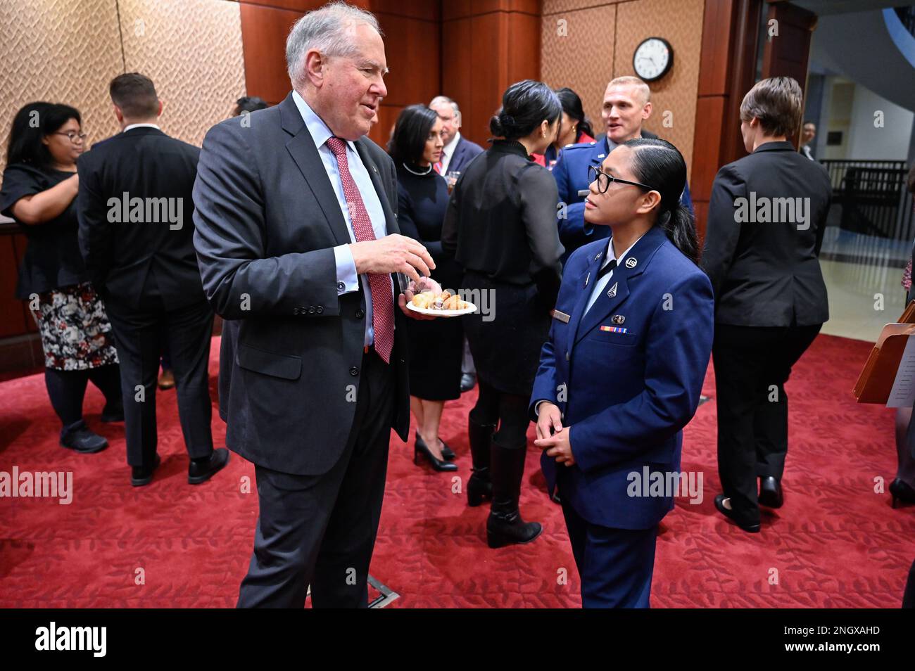 Secretary of the Air Force Frank Kendall speaks with Spc. 3 Tyler ...