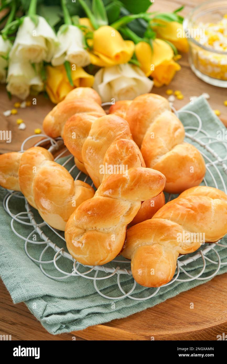 Easter breakfast Holliday concept. Easter bunny buns rolls with