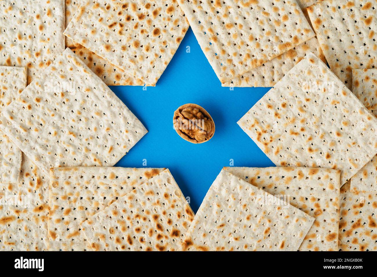 Passover celebration concept. Blue Star of David made from matzah