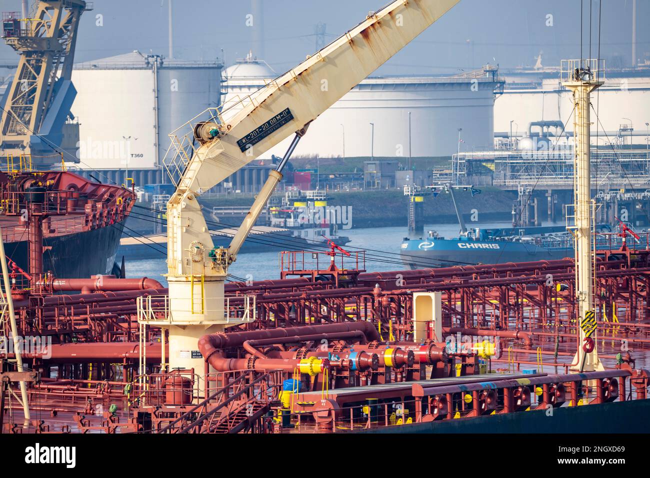 The crude oil tanker HOJO, in the seaport of Rotterdam, in the Petroleumhaven, Europoort, deck structures, pipelines, Rotterdam, Netherlands, Stock Photo