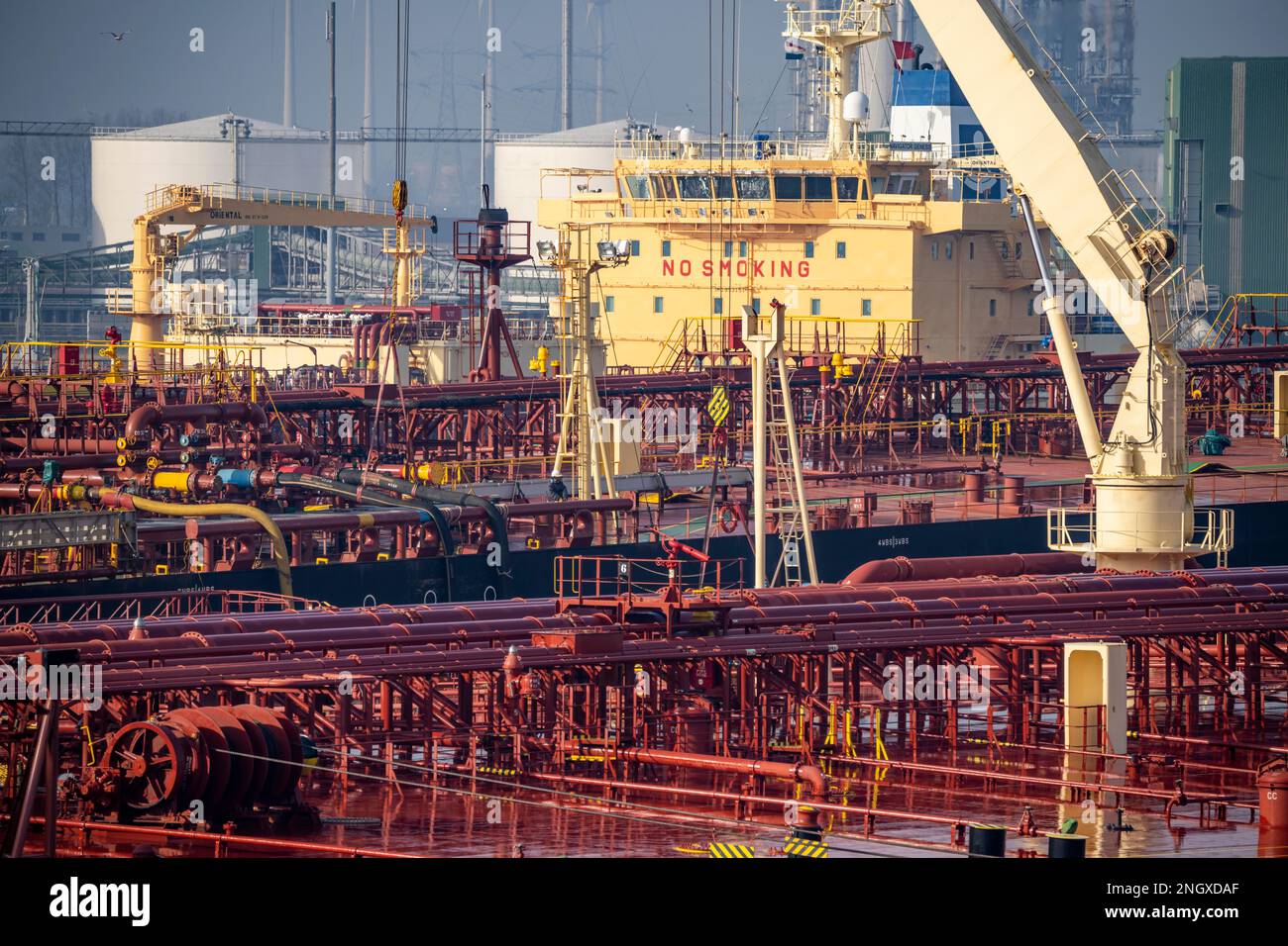 The crude oil tanker HOJO, in the seaport of Rotterdam, in the Petroleumhaven, Europoort, deck structures, pipelines, Rotterdam, Netherlands, Stock Photo