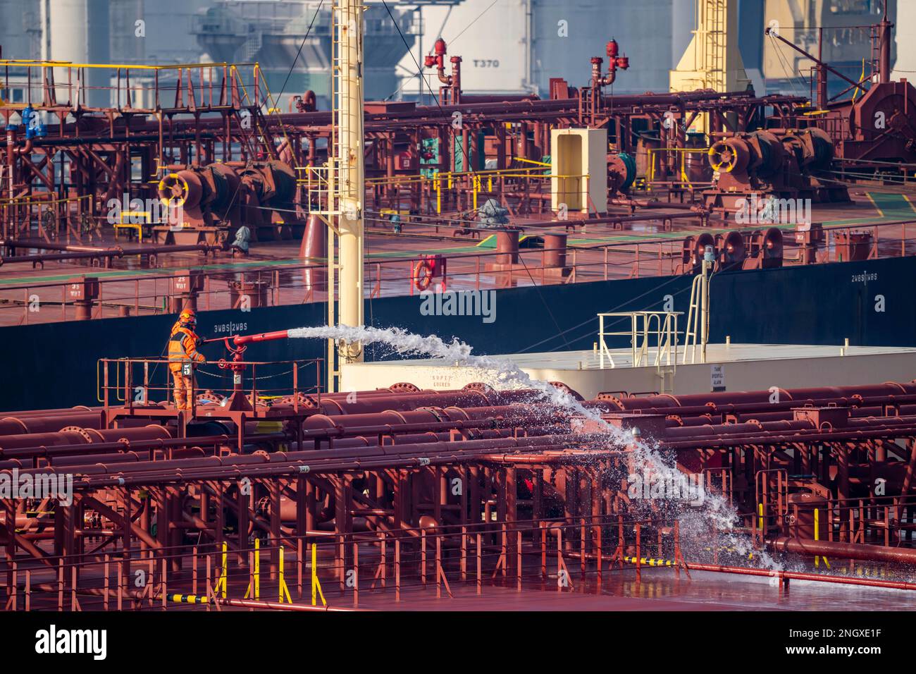 The crude oil tanker HOJO, in the seaport of Rotterdam, in the Petroleumhaven, Europoort, ship's personnel checking the fire extinguishing equipment, Stock Photo
