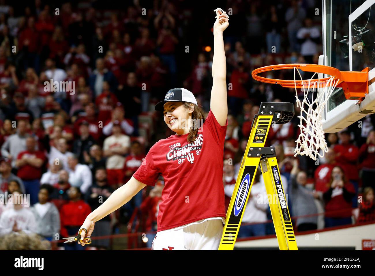 BLOOMINGTON, IN - FEBRUARY 19: Indiana Hoosiers forward Mackenzie Holmes  (54) celebrates winning the regular season Big Ten Title during a women's  college basketball game between the Purdue Boilermakers and the Indiana