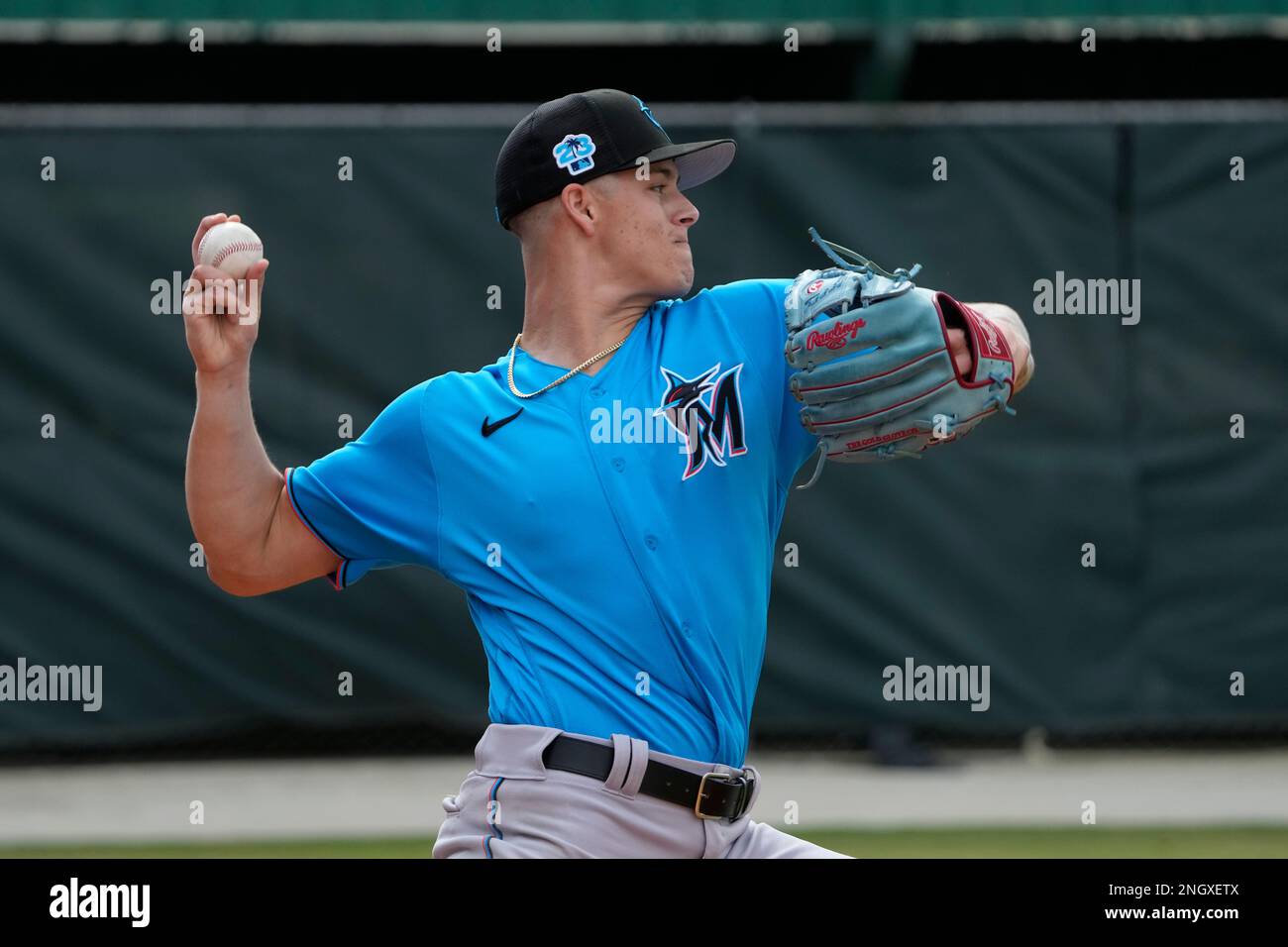 Miami Marlins pitcher Eli Villalobos throws during spring training