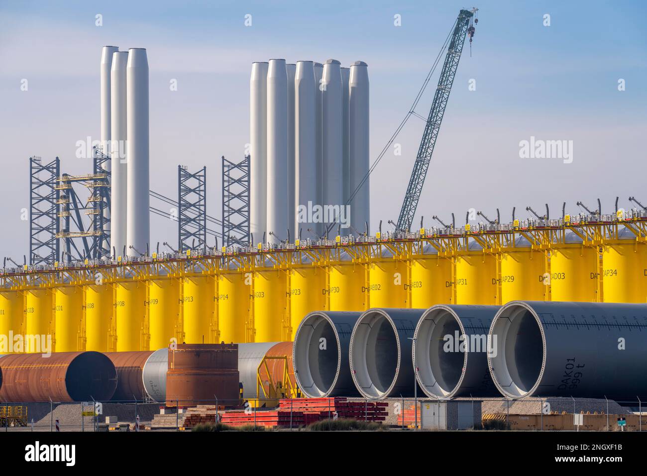 SIF Offshore Foundaitons, production of foundations for offshore wind turbines, wind turbines are mounted on these pipes, which are installed in the s Stock Photo