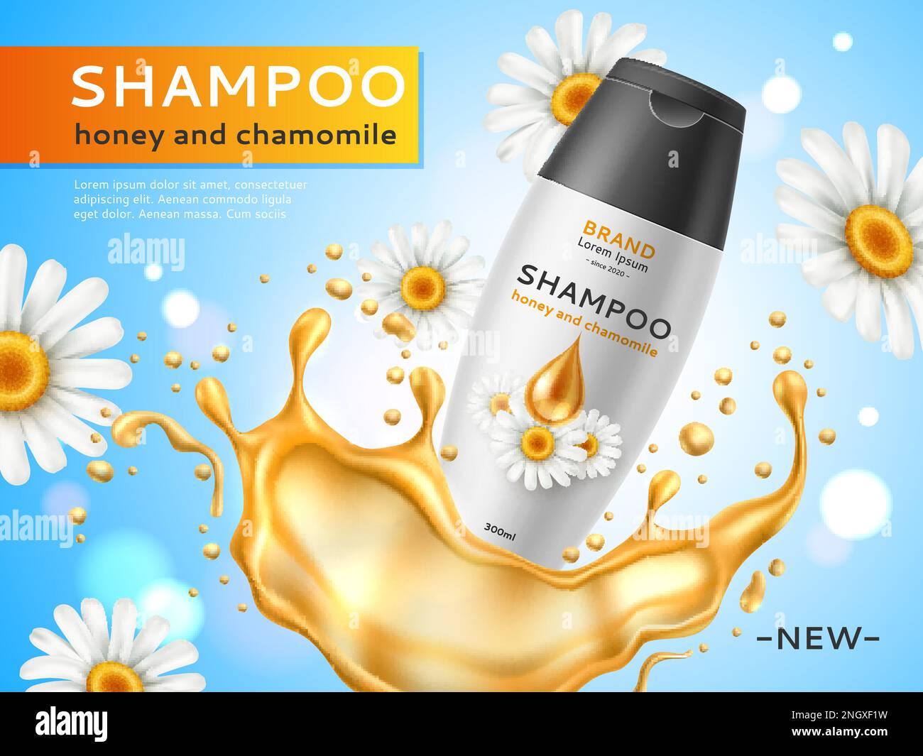 Realistic honey cosmetic poster. Natural chamomile shampoo bottle