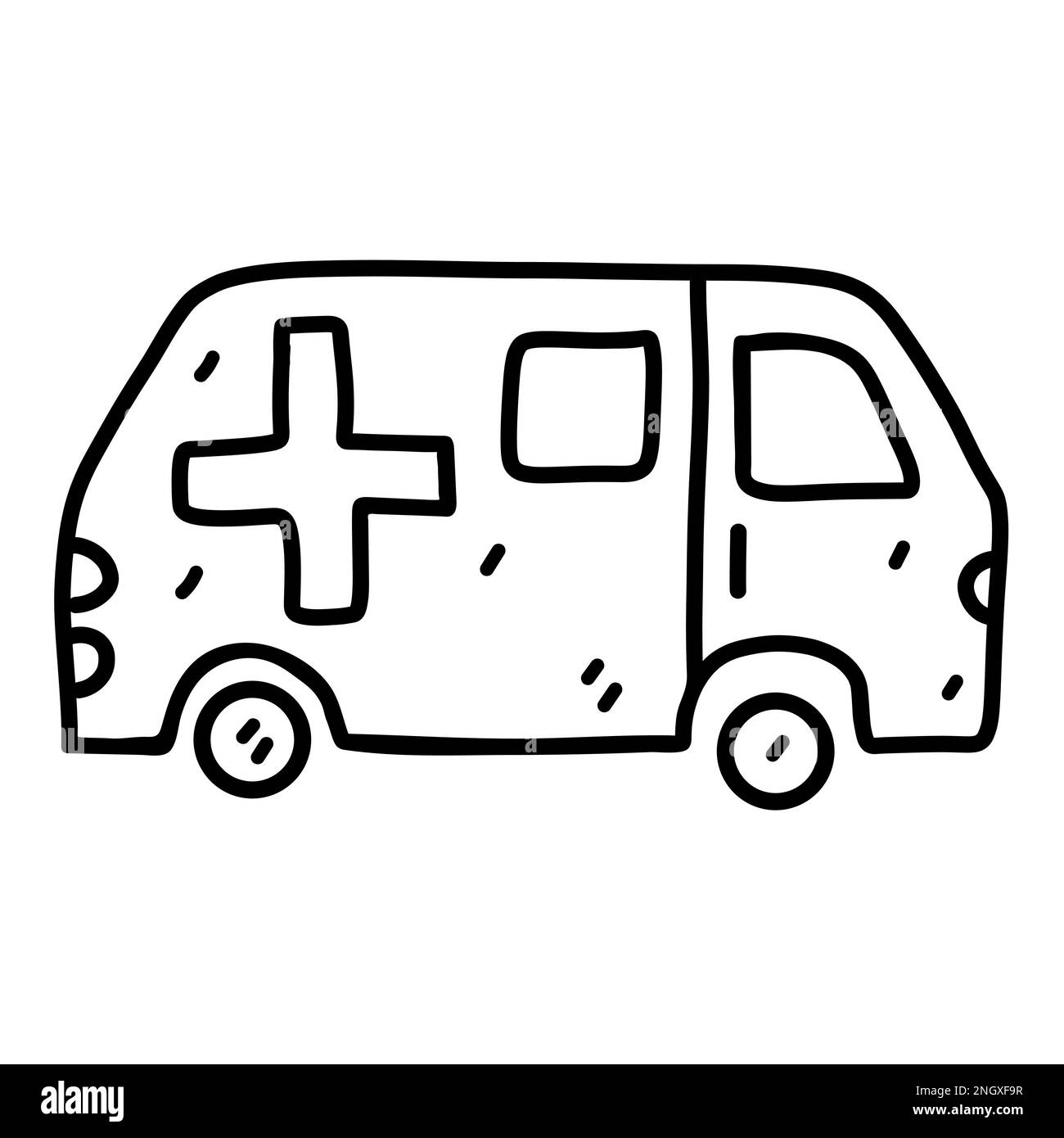 Ambulance in hand drawn doodle style. Vector illustration isolated on white background Stock Vector