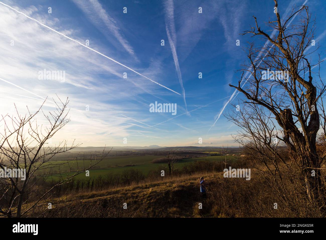Landscape with Schneeberg viewed from Becsi-domb with lots of contrails on sky, winter, Sopron, Hungary Stock Photo