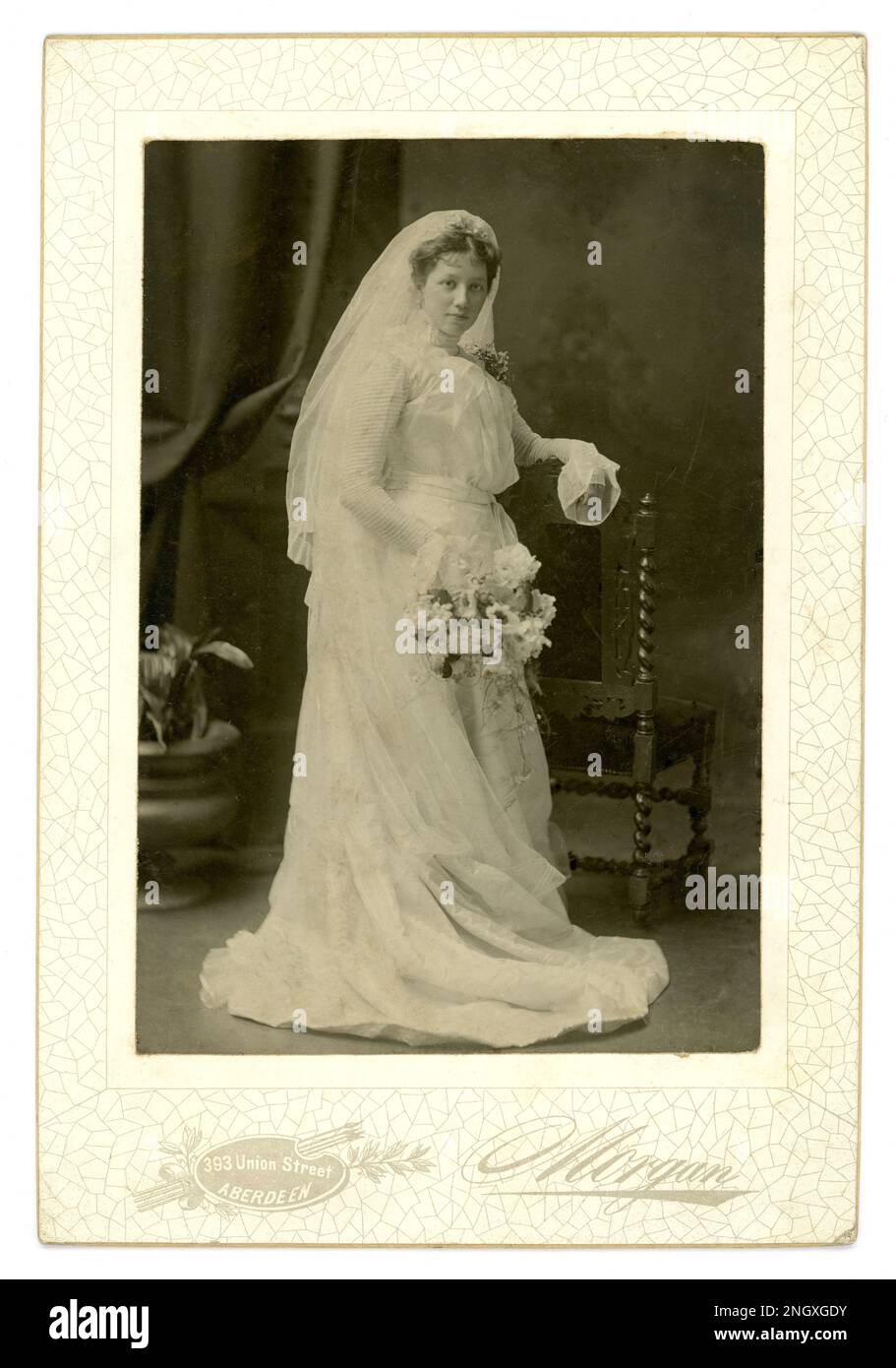 Original Edwardian era studio wedding cabinet card portrait of a beautiful young bride wearing a long white dress, with high neckline, and long veil, holding a bouquet of flowers. The sleeve and neckline styles date the photograph to circa 1900-1902. From the studio of G (George William) Morgan, 393 Union Street, Aberdeen, Scotland, U.K. Stock Photo