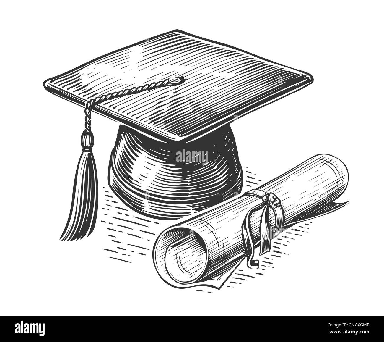 Graduation cap with tassel and rolled diploma. Mortarboard and Degree. Sketch illustration Stock Photo