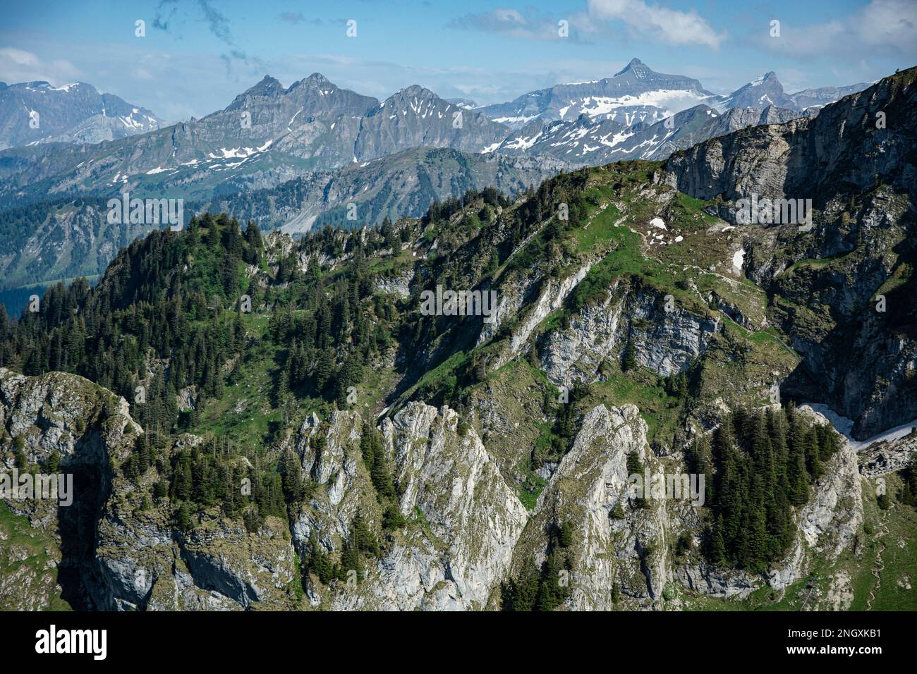 Ausblick vom Dent de Jaman auf die Waadtländer und Berner Alpen Stock Photo